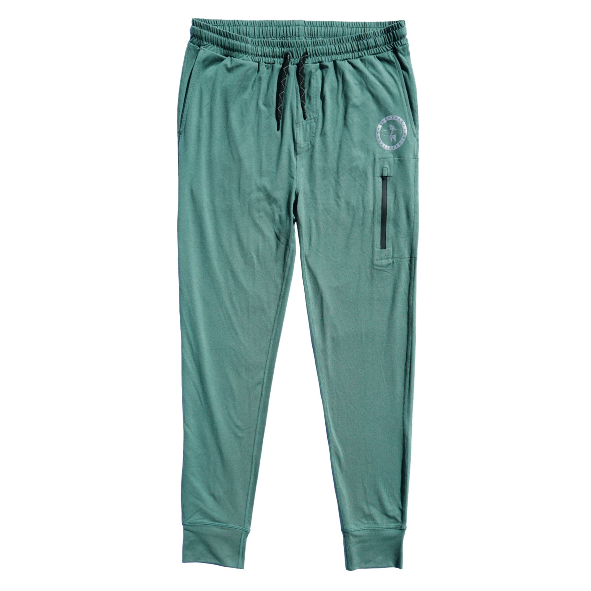 Green Bayside Performance joggers frontside image, featuring a small reflective vinyl logo of a bear holding a surfboard above the zip pocket on the thigh.