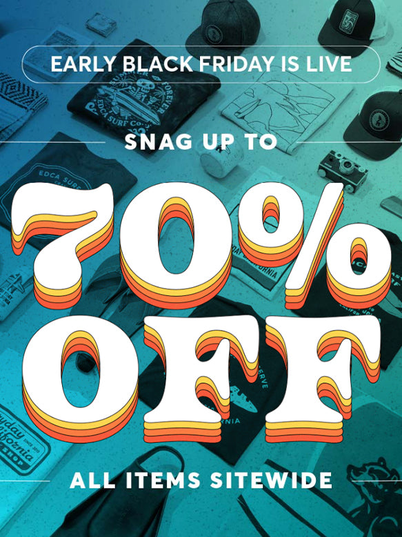 Promotional graphic for early Black Friday sale with colorful text and vintage-style items on a teal background.