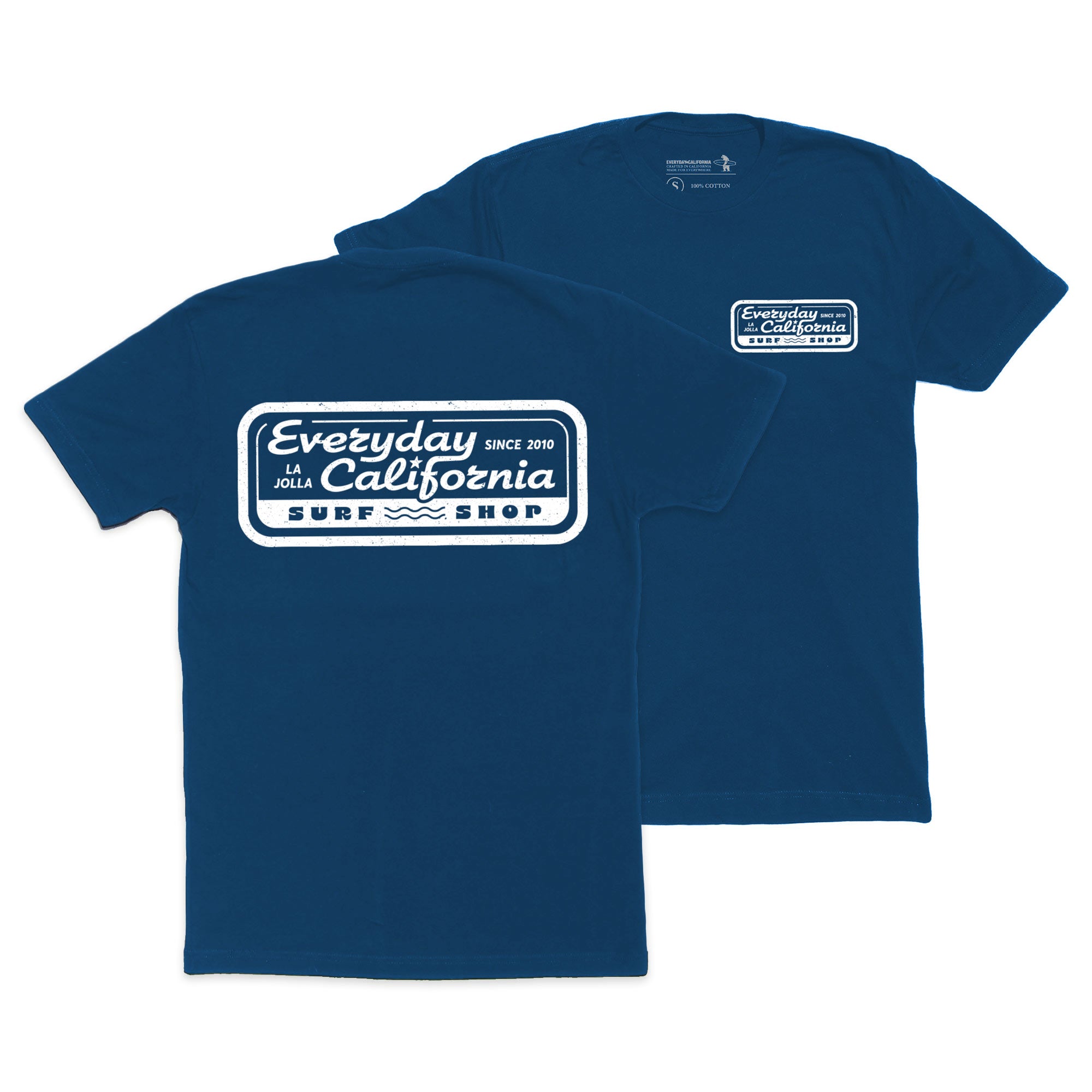 Front and back view of Blue Everyday California surf shop t-shirt