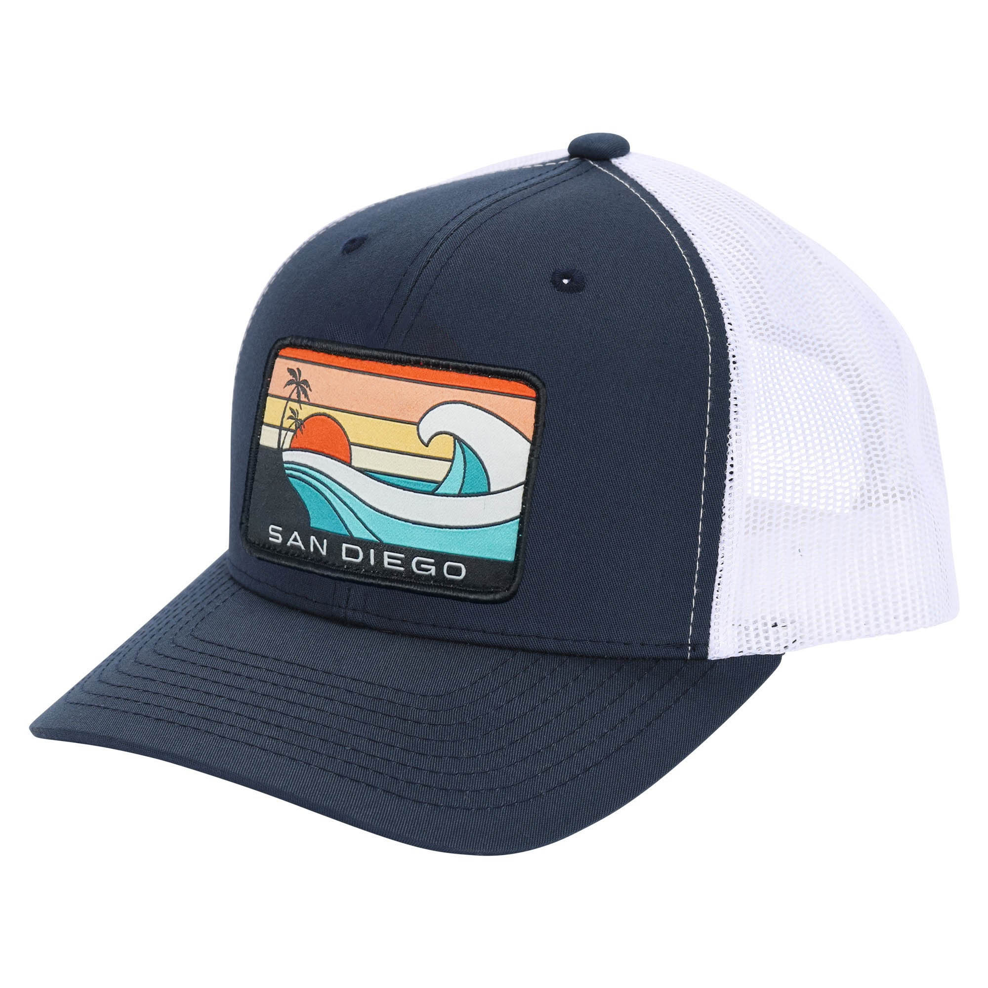A navy and white snapback hat with a 'San Diego' patch on the front featuring an artistic representation of a sunset over waves.