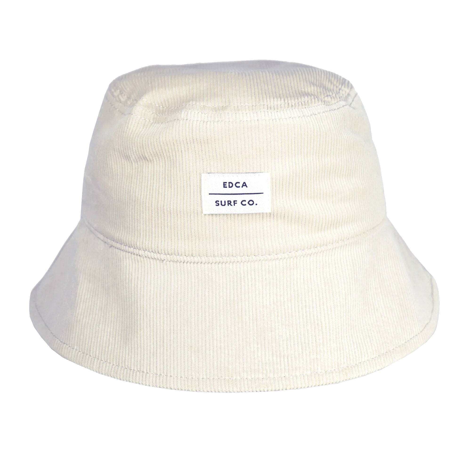 Dolores white bucket hat with an EDCA Surf Co. label on a white background