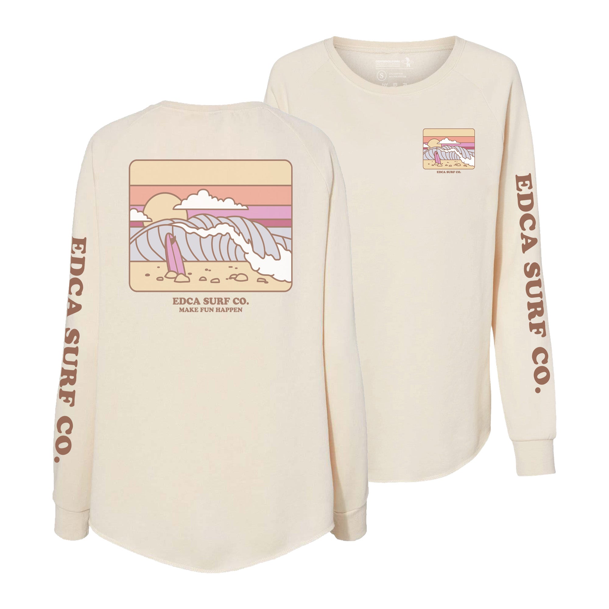 A beige crewneck sweatshirt with a graphic print on the front and text on the sleeves, displaying a beach and sunset scene.