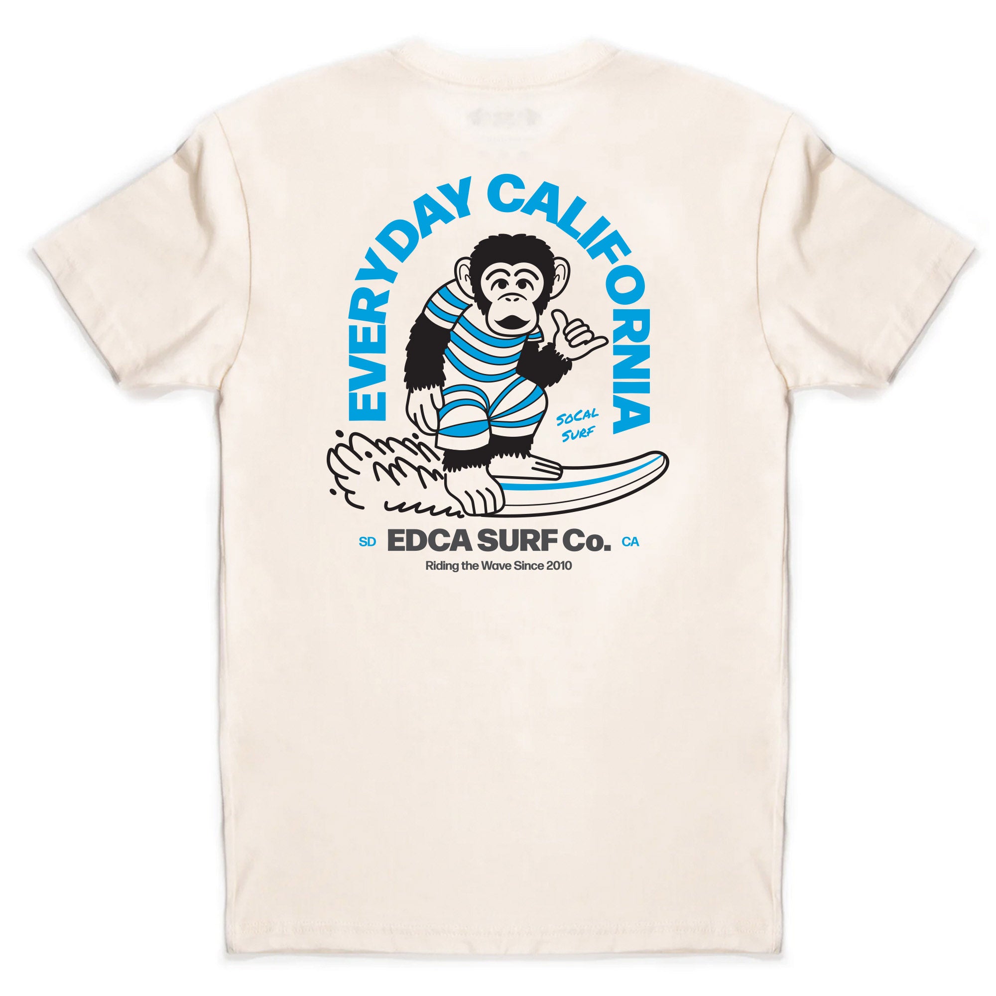 Back of tan Everyday California shirt with a monkey doing the hang loose sign