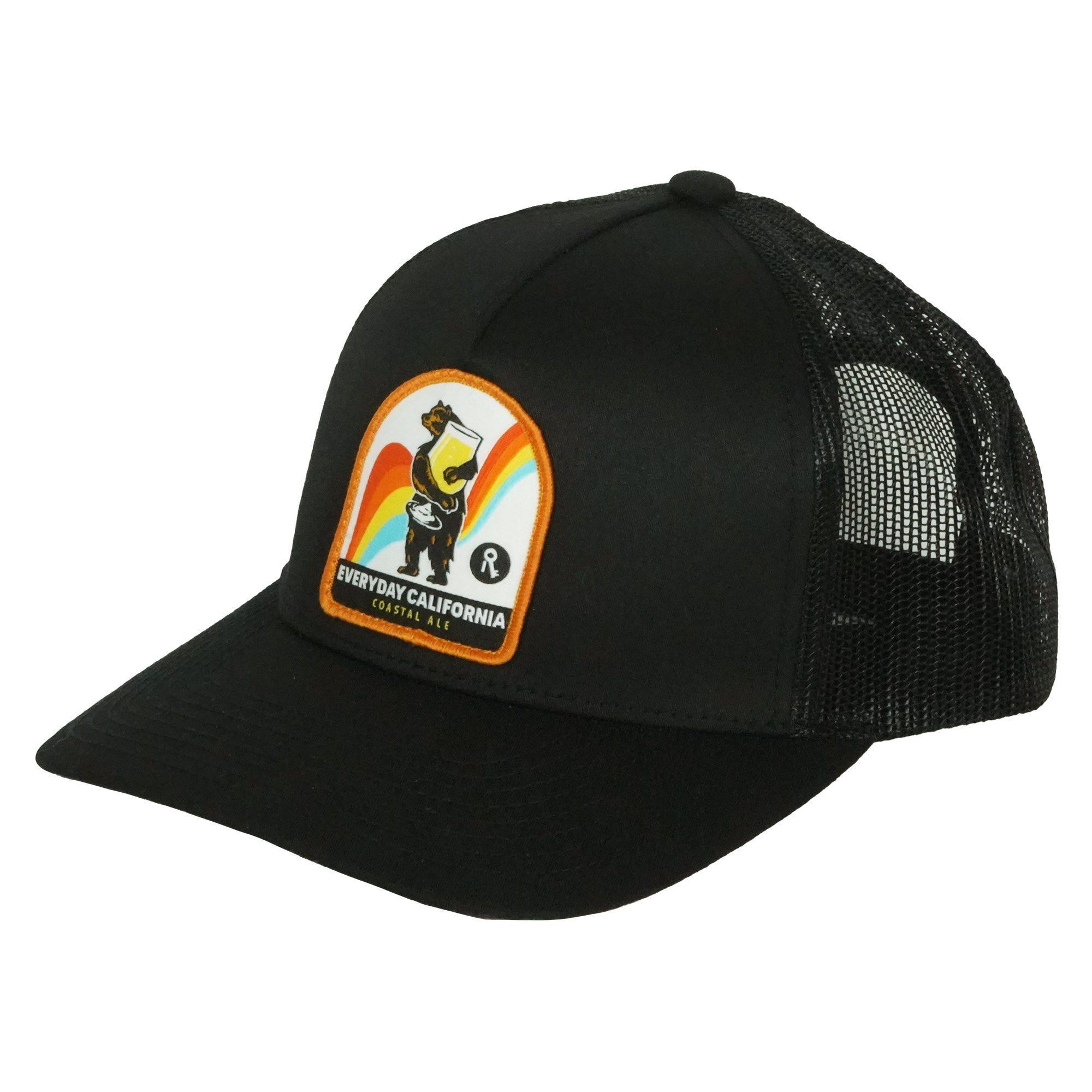 Black Hat with a patch of a bear holding onto a glass of coastal ale