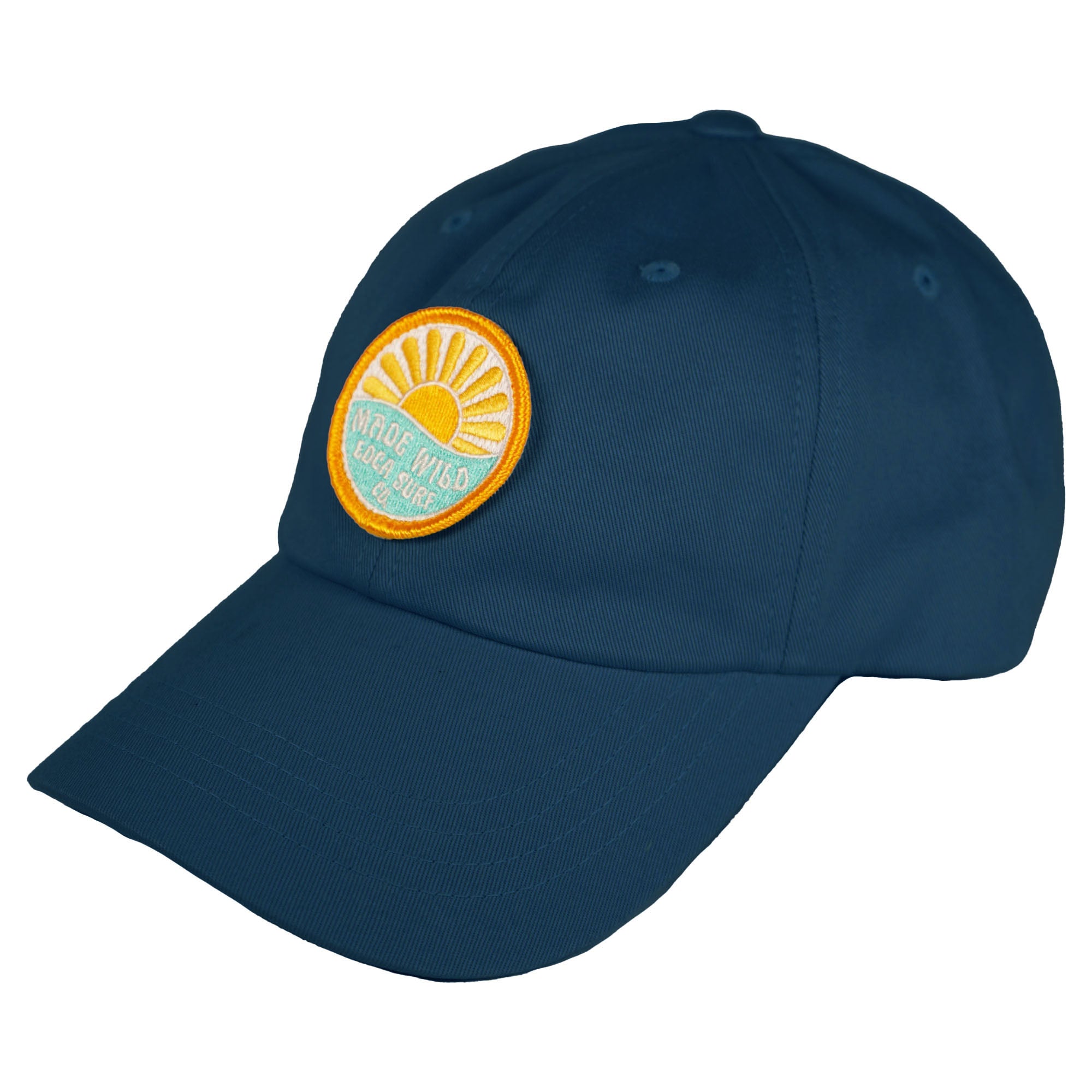 Navy blue Everyday California unstructured hat. Front logo features an embroidered Sun and the words "Made wild, EDCA Surf Co."