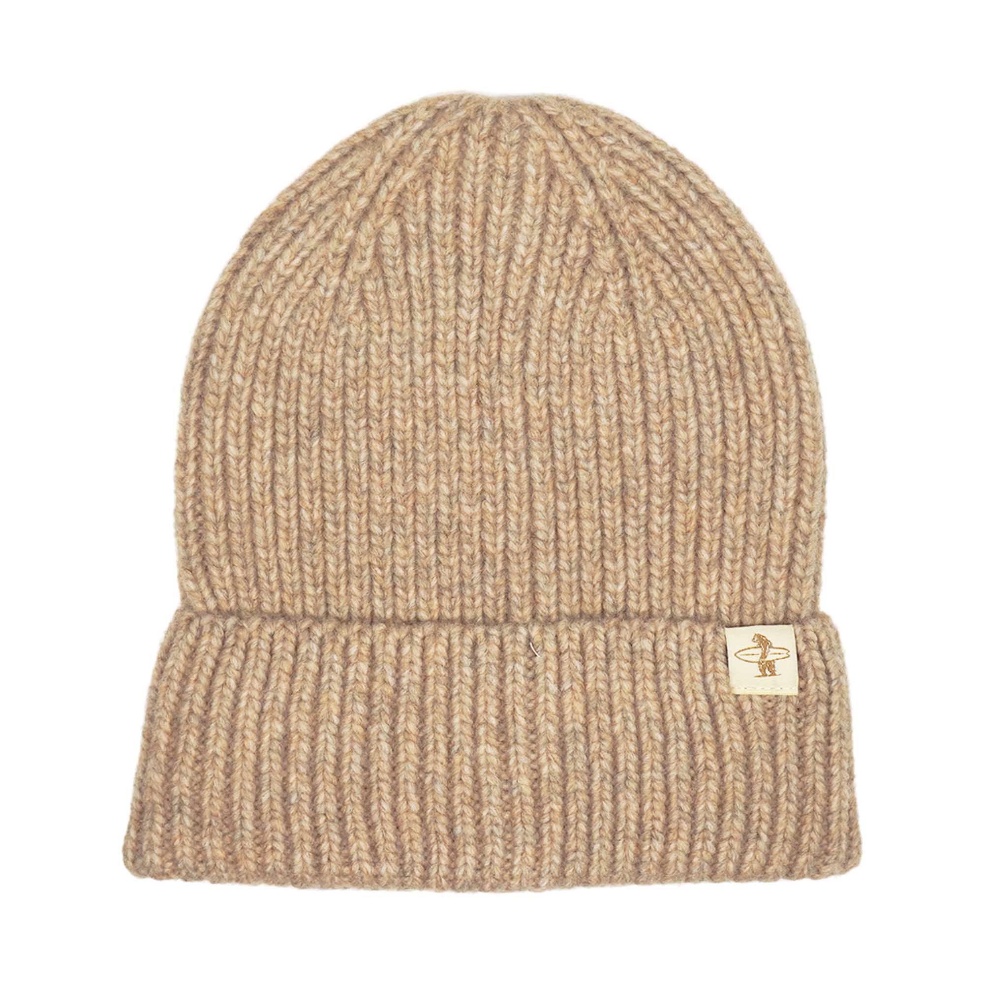 Beige knit beanie with Everyday California brand label on a white background