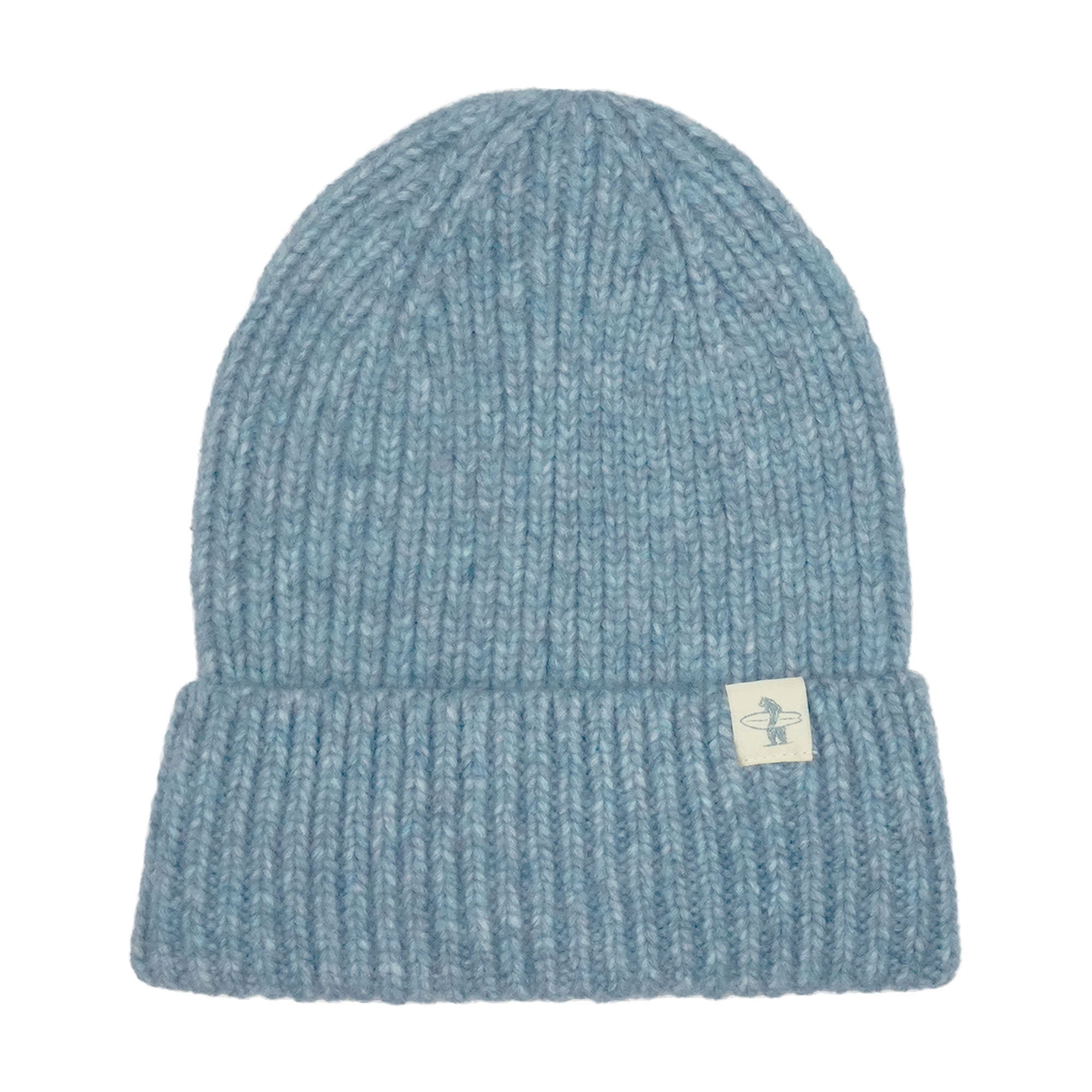 Blue knit beanie with a Everyday California brand label on a white background