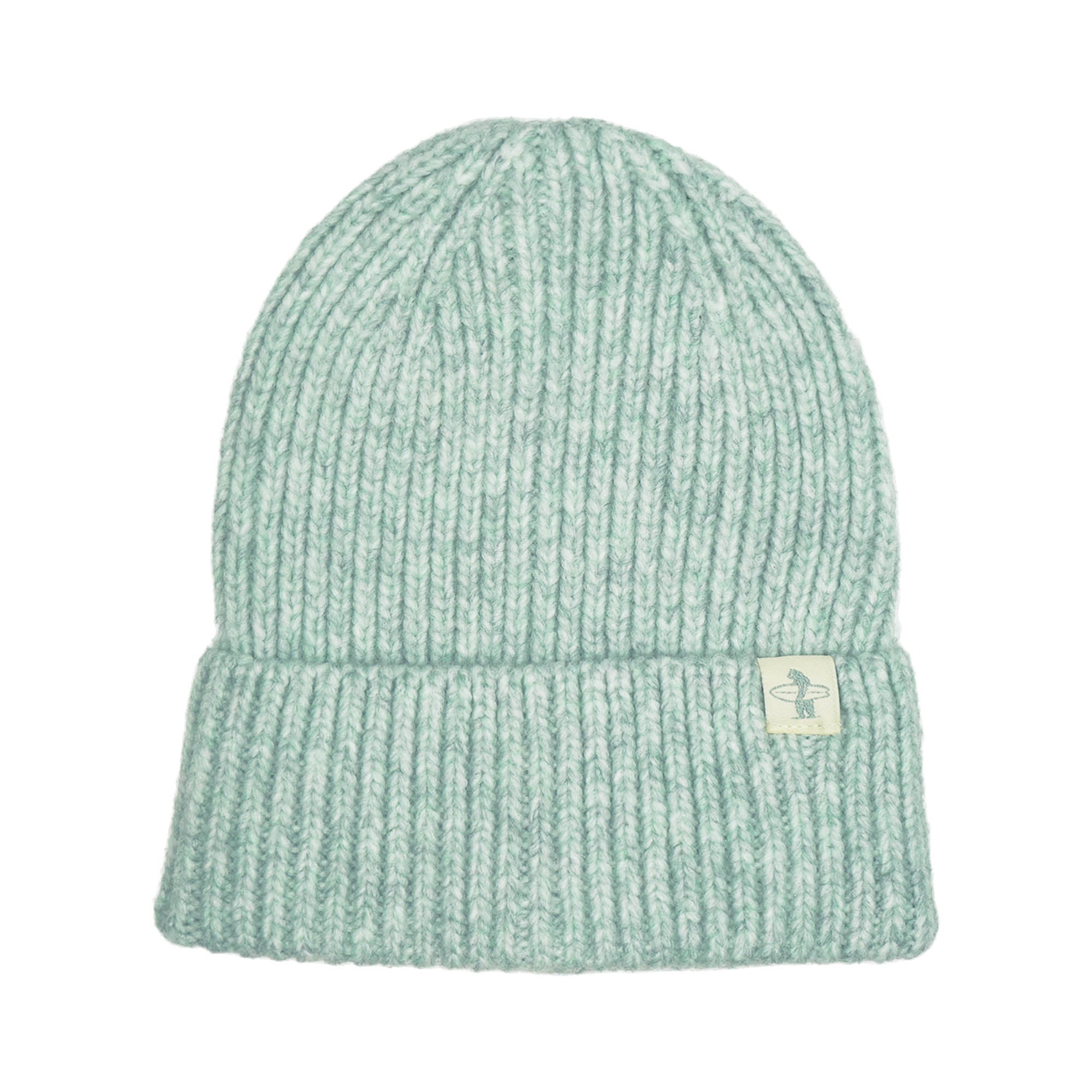 Light green knit beanie with a small Everyday California logo tag on a white background