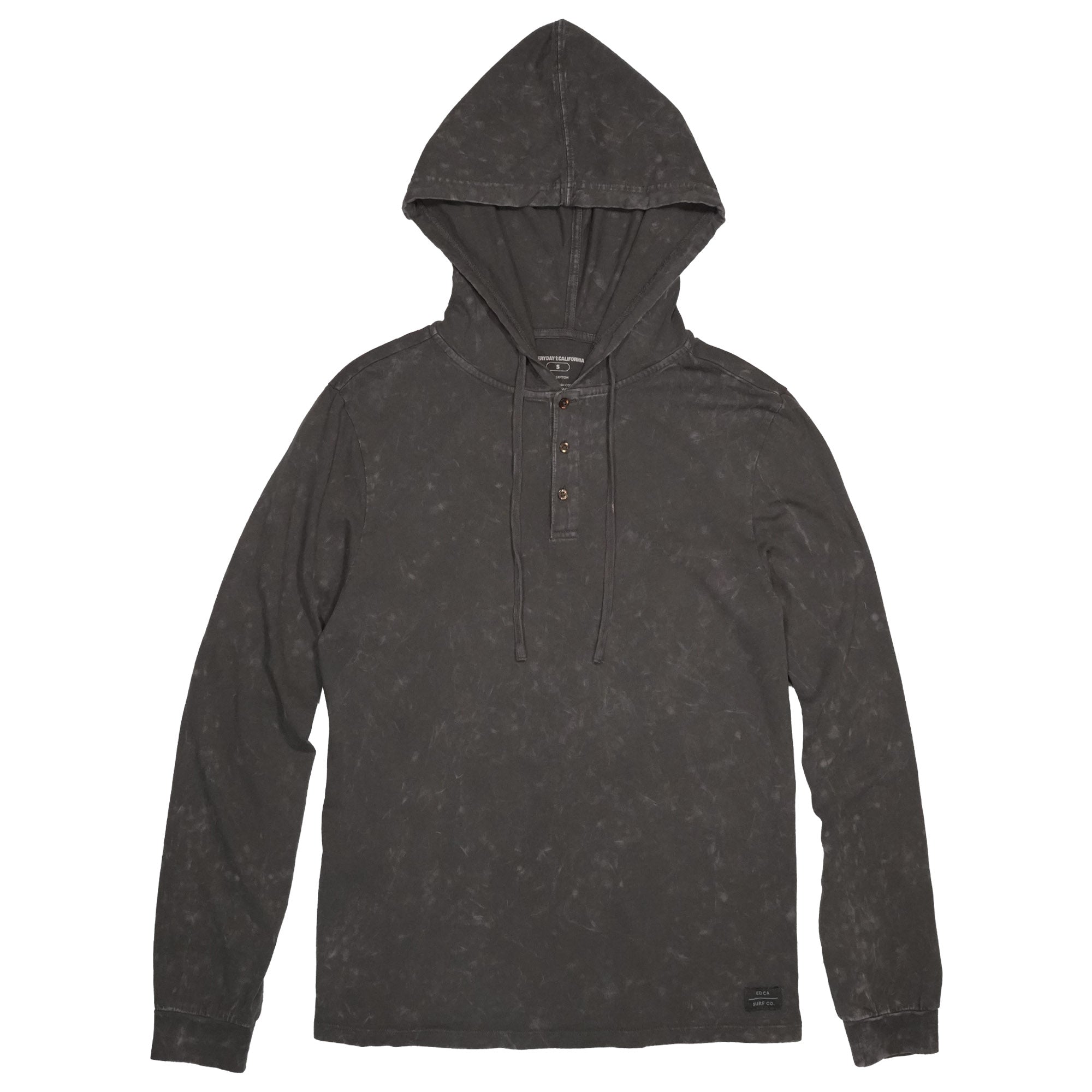 Dark grey henley hoodie with a three-button closure at the neck