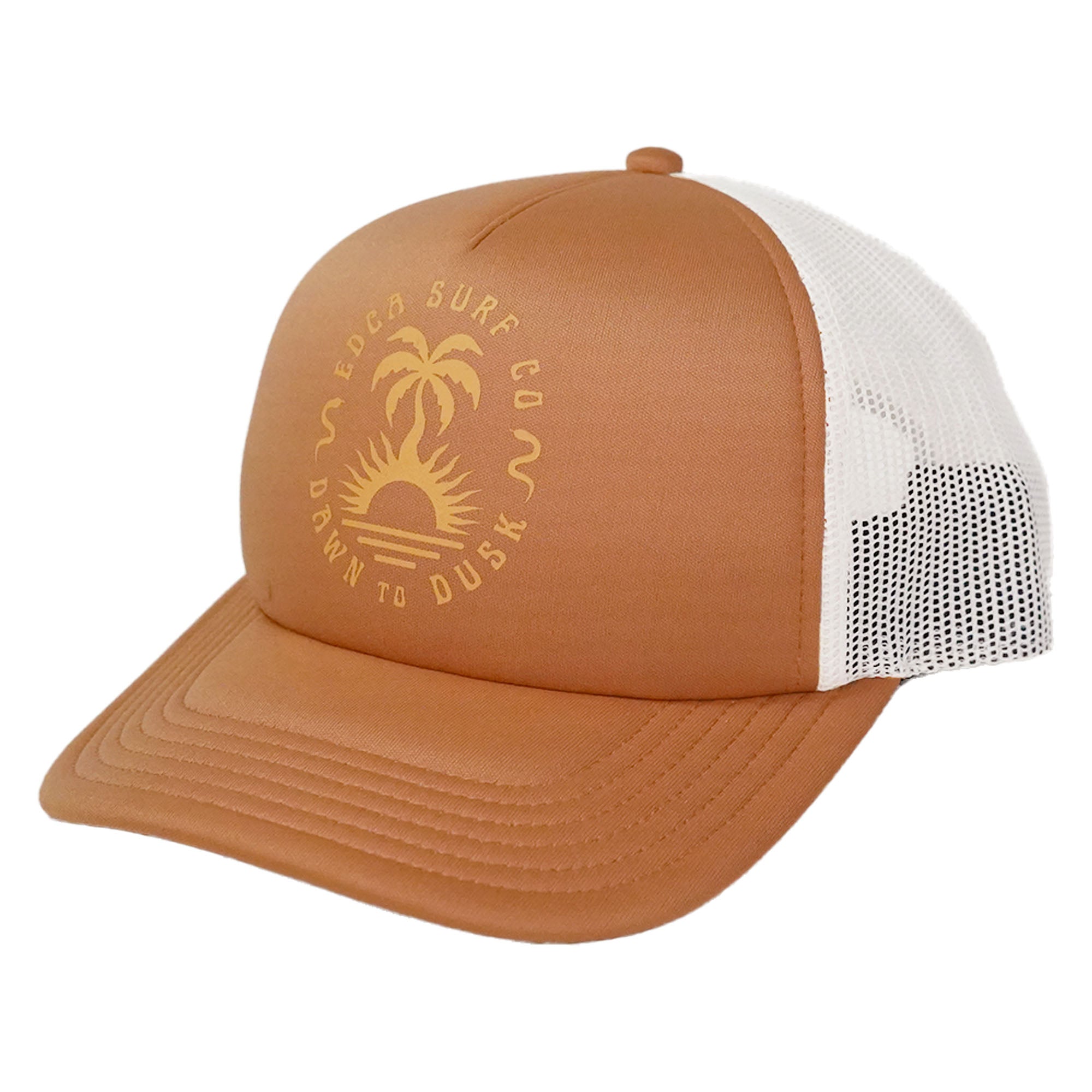 Brown and white cap with a logo on a white background