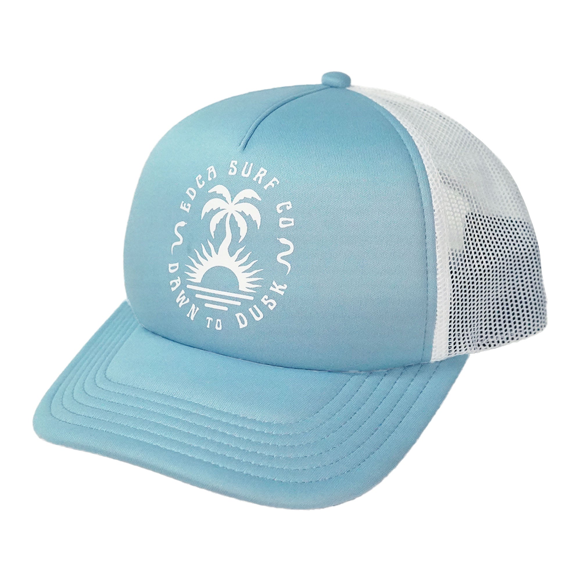 Light blue cap with white mesh back and branding on a white background