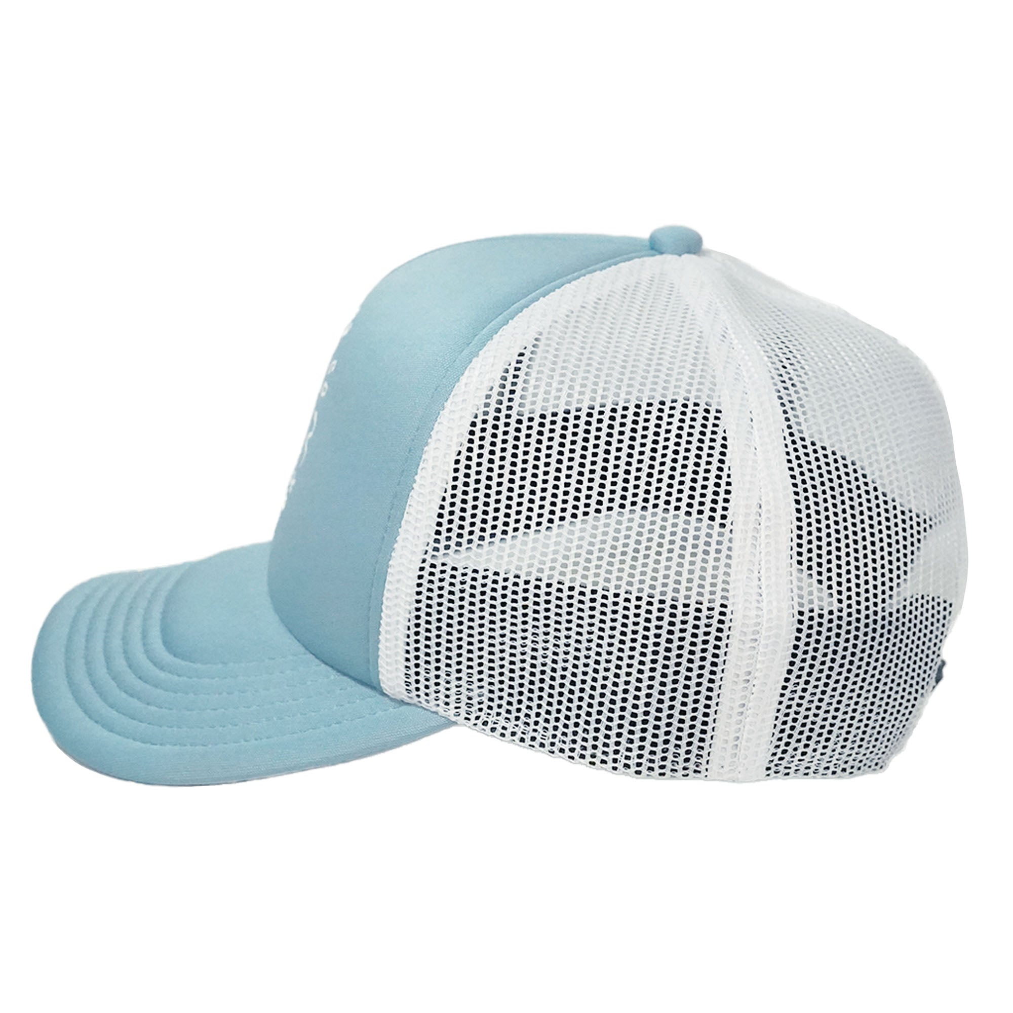 Light blue baseball cap with white mesh back on a white background