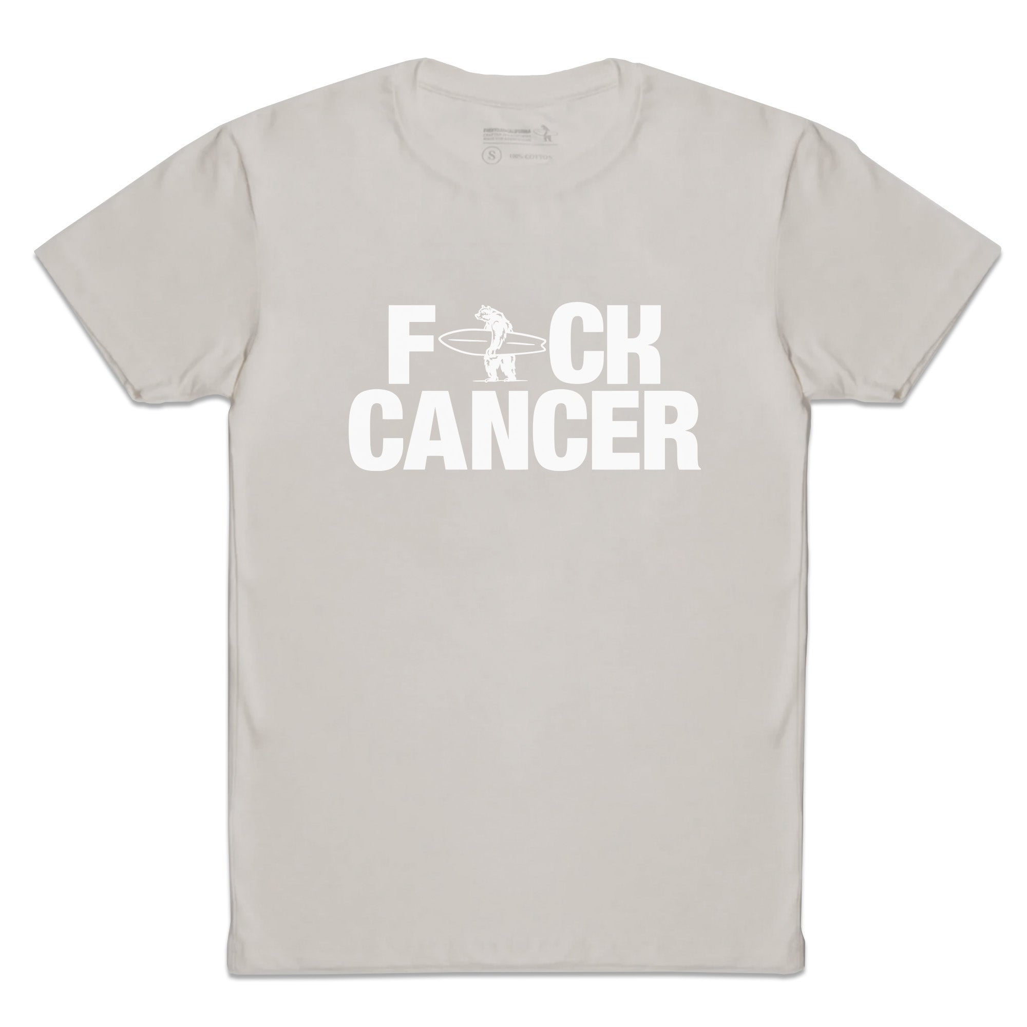 A gray t-shirt with the text 'F*CK CANCER' printed in white, designed to support brain cancer awareness.