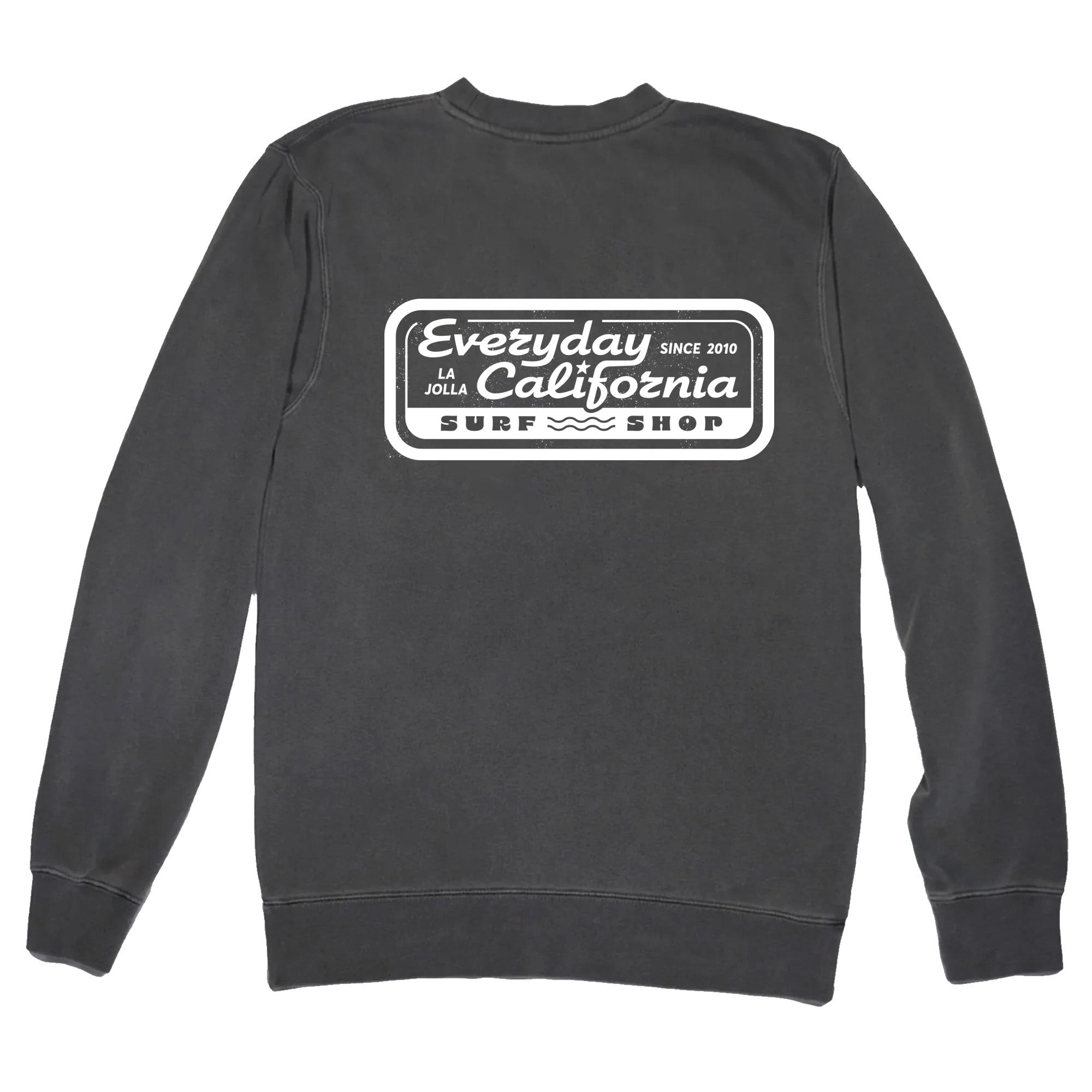 A dark gray Surf Shop Crewneck sweatshirt with a white logo on the upper left chest and the same white logo printed large across the back.