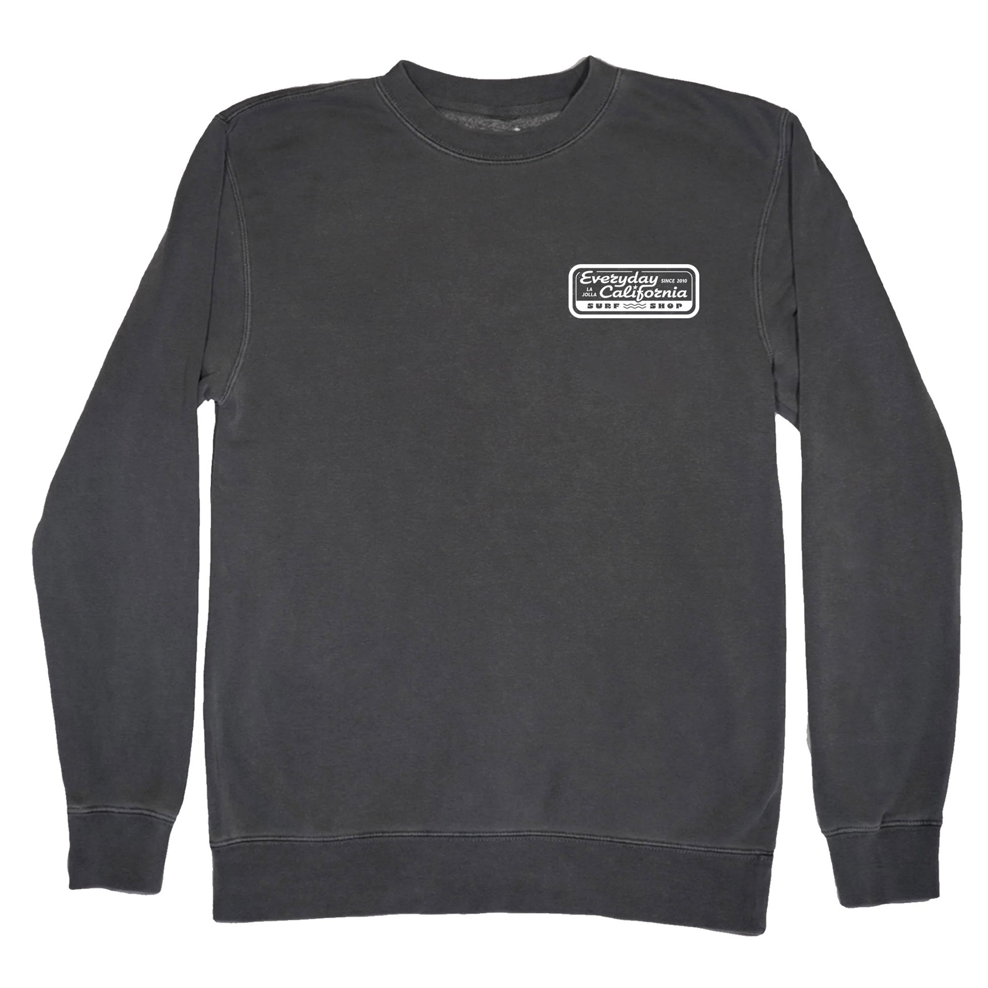 A dark gray Surf Shop Crewneck sweatshirt with a white logo on the upper left chest and the same white logo printed large across the back.