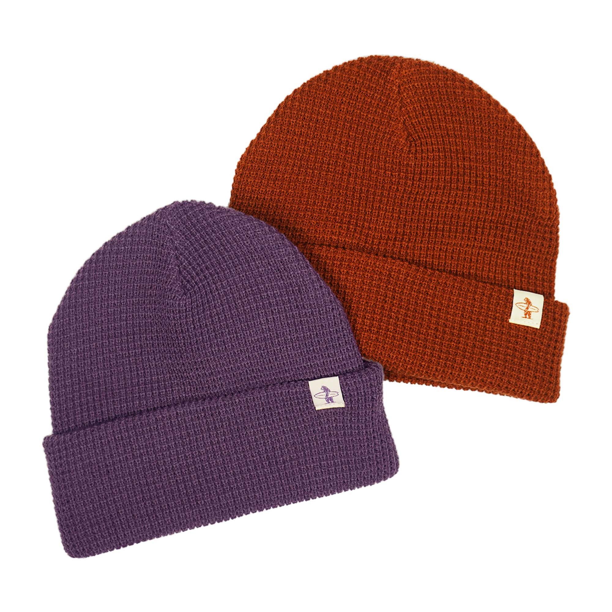 Purple and brown knit beanie hats with Everyday California brand logos on a white background