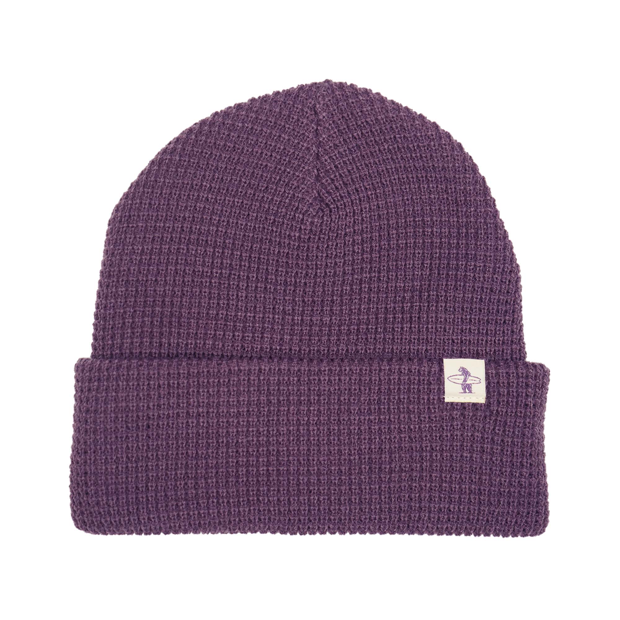 Purple knit beanie with a small Everyday California logo on a white background