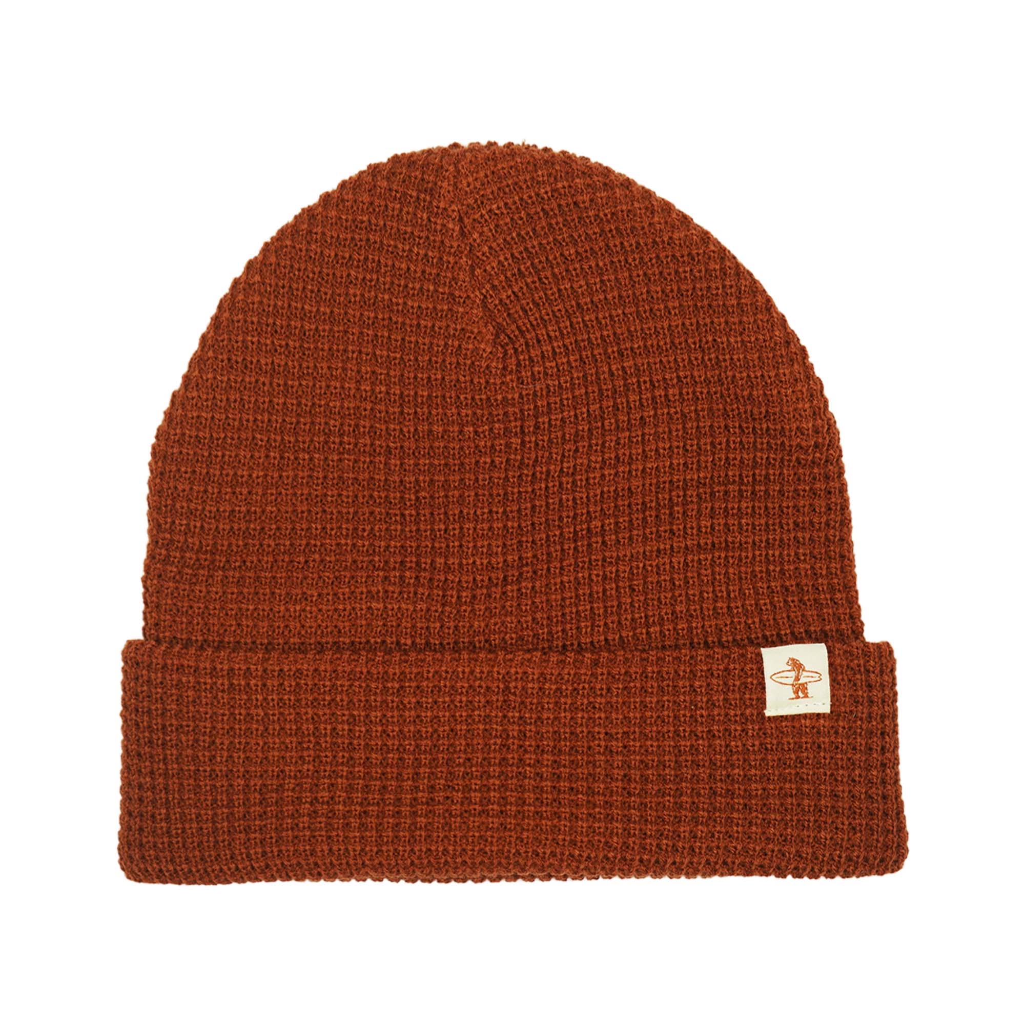 Brown knit beanie with a Everyday California brand logo on a white background