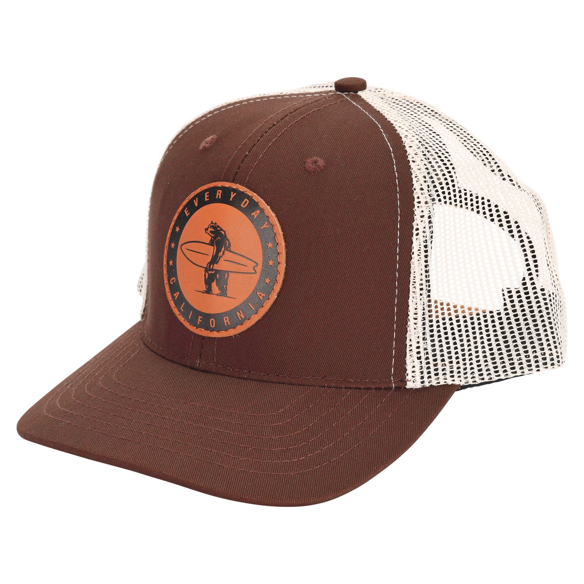 Brown and white hat with Everyday California logo on cork colored patch