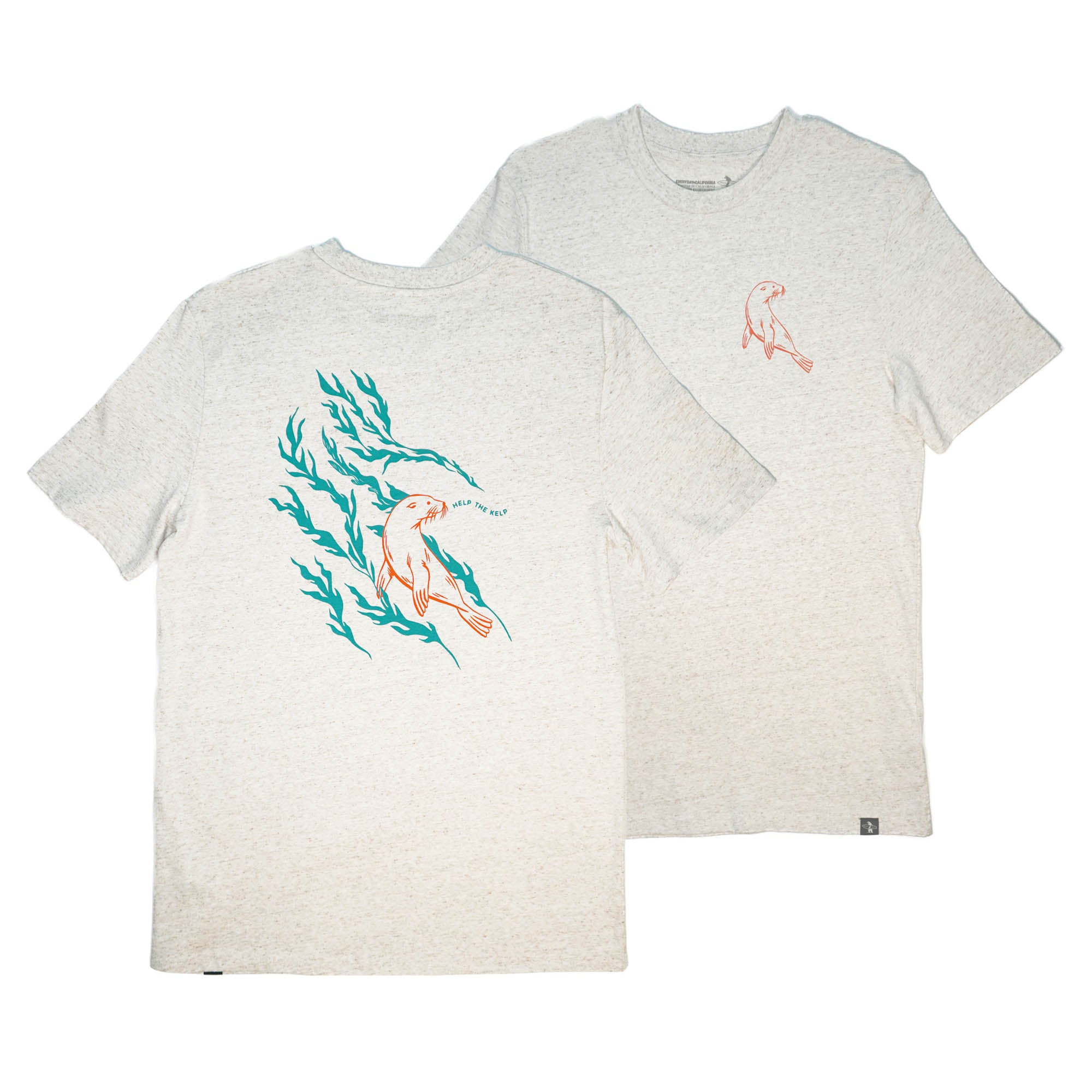 Two gray t-shirts with sea lion and kelp designs on a white background