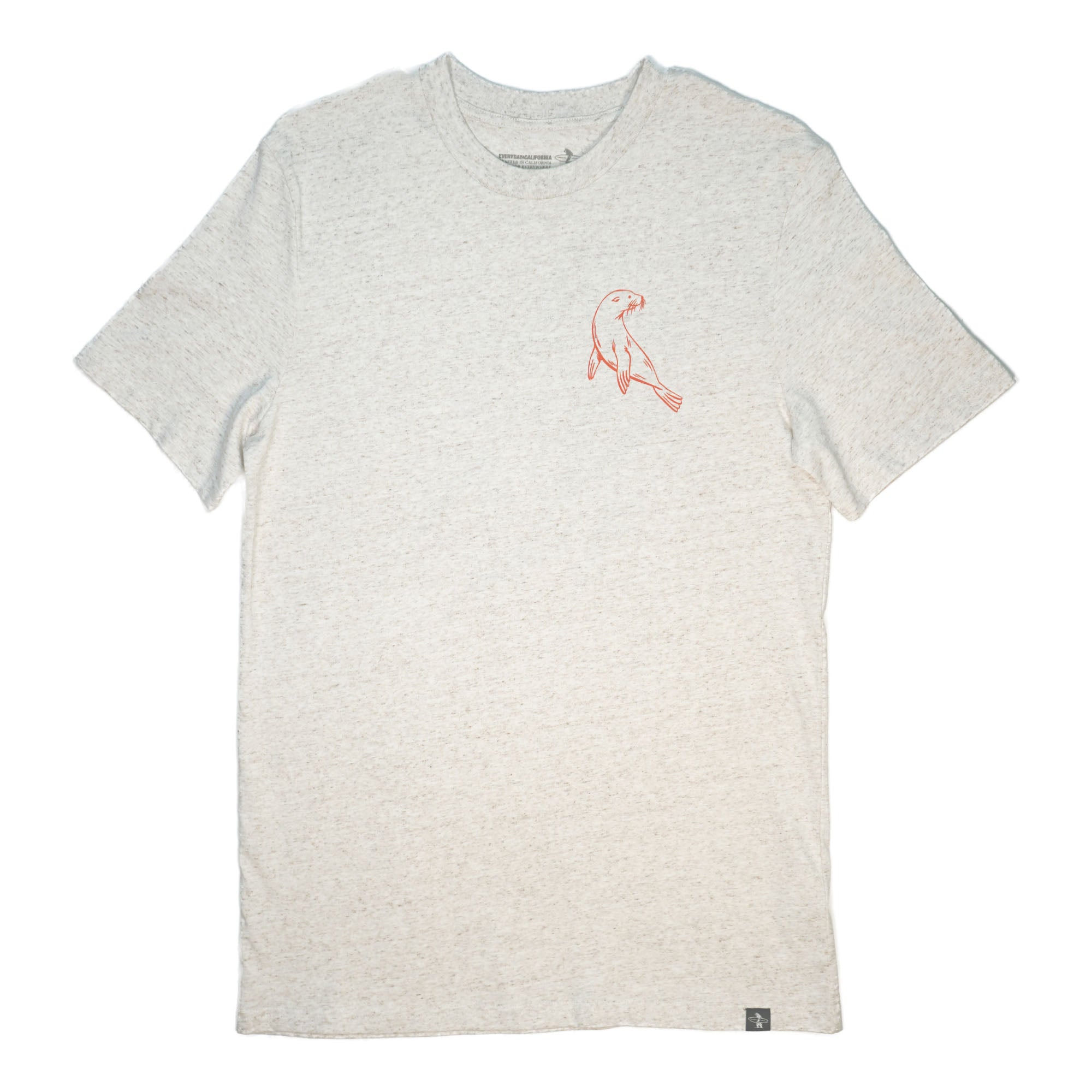 Gray t-shirt with sea lion and kelp designs on a white background