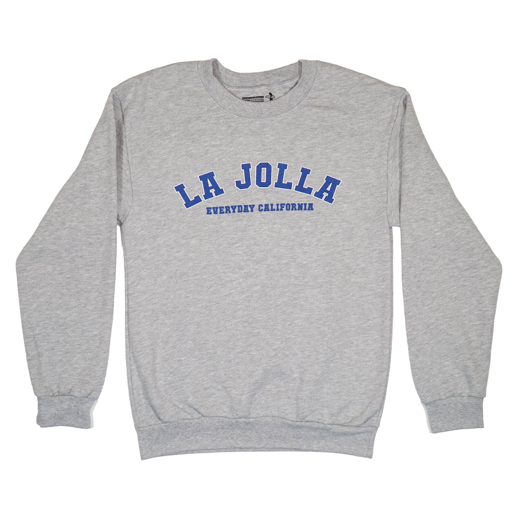 Frontside of La Jolla Crewneck. Le Jolla Everyday California featured prominently in blue and white lettering.