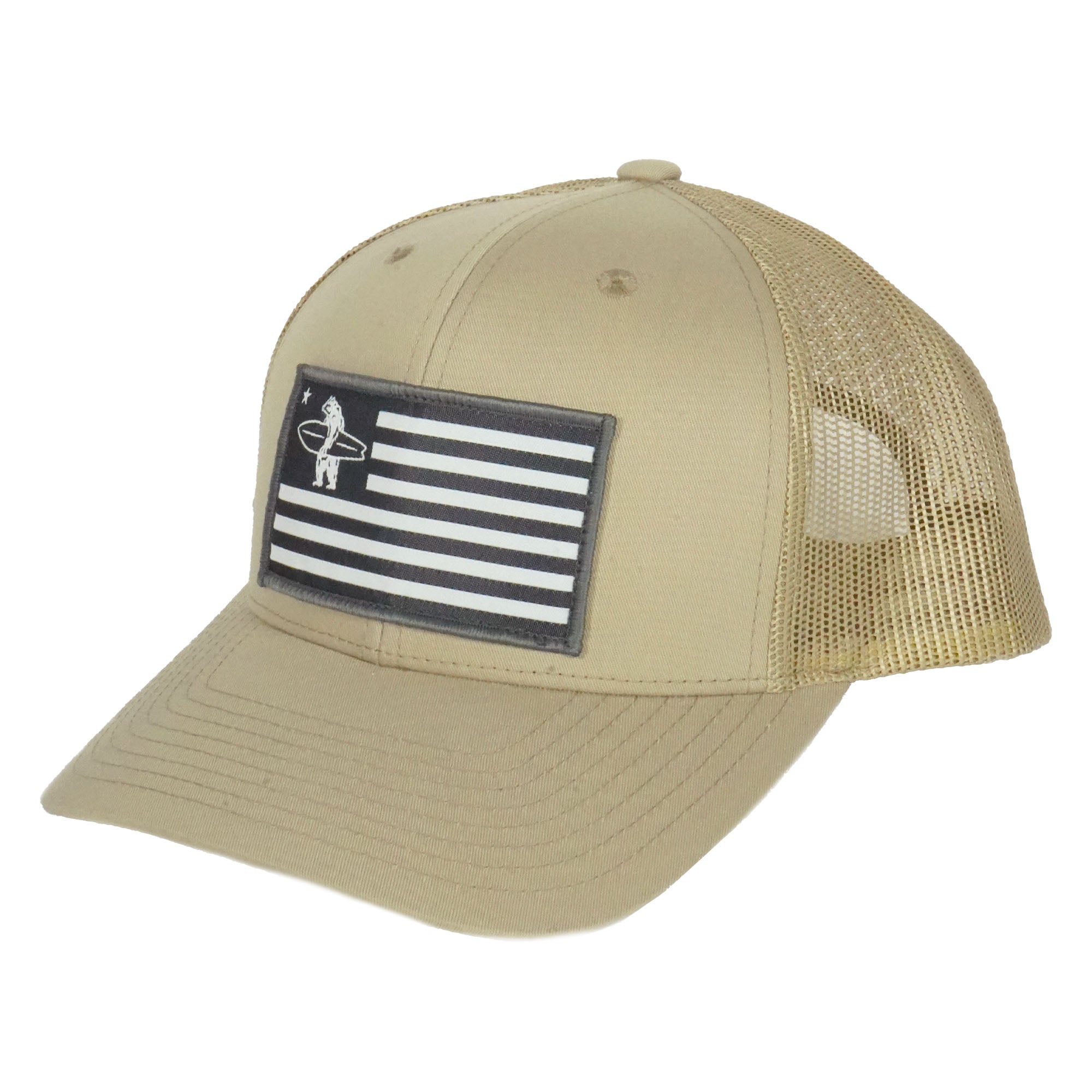 Khaki colored hat with an American Flag patch