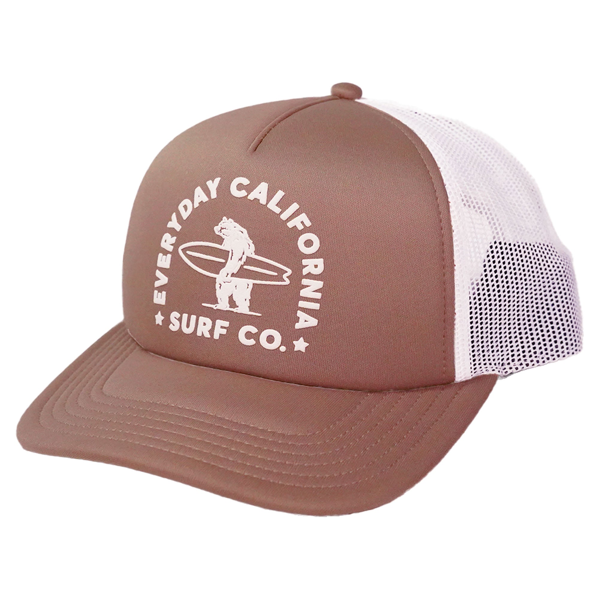 Brown and white cap with 'Everyday California Surf Co.' logo on a white background