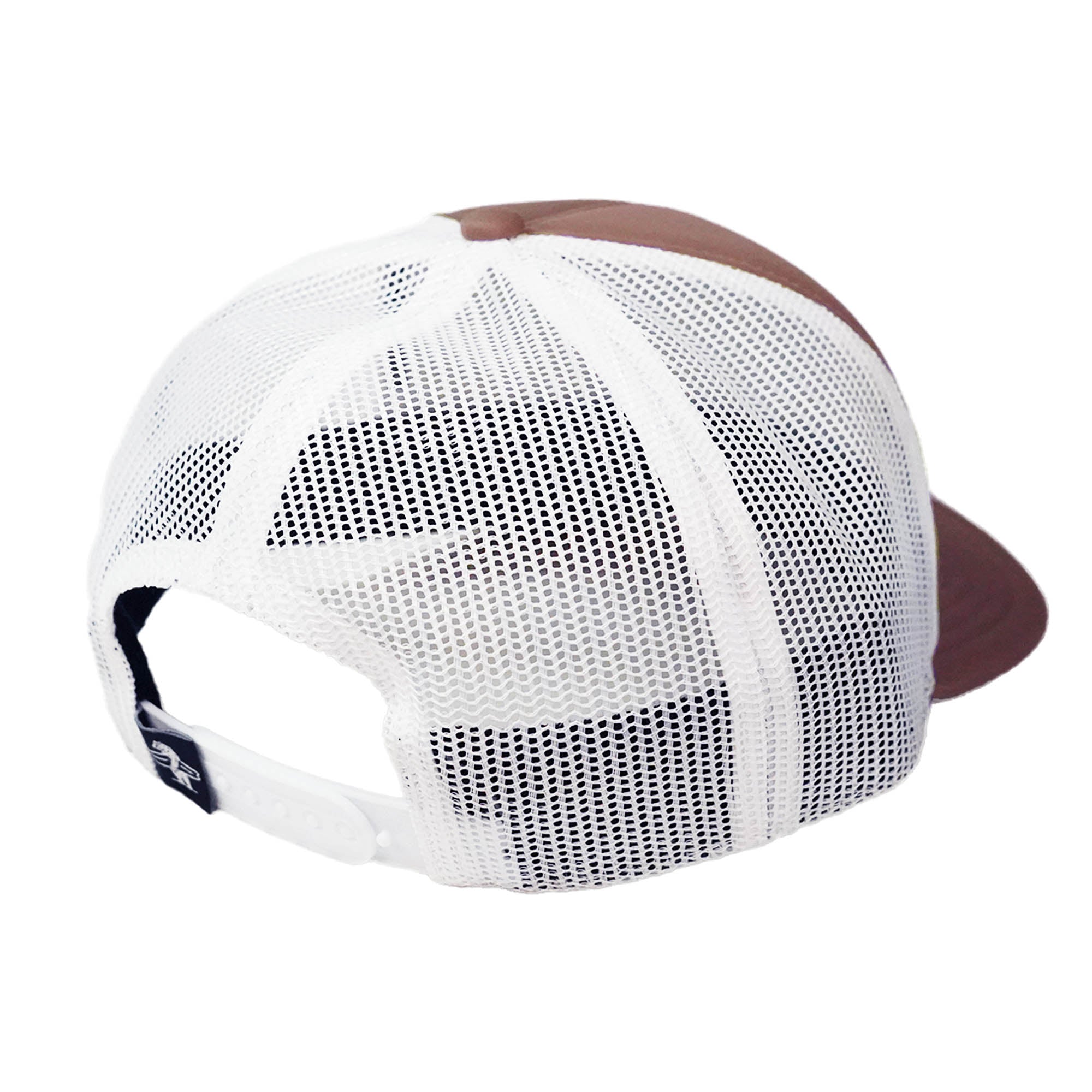 White mesh cap with brown visor on a white background