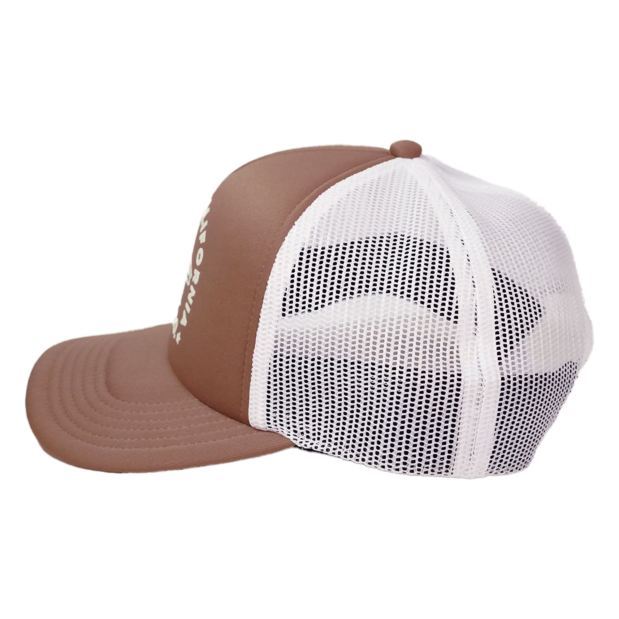 Brown and white trucker cap on a white background