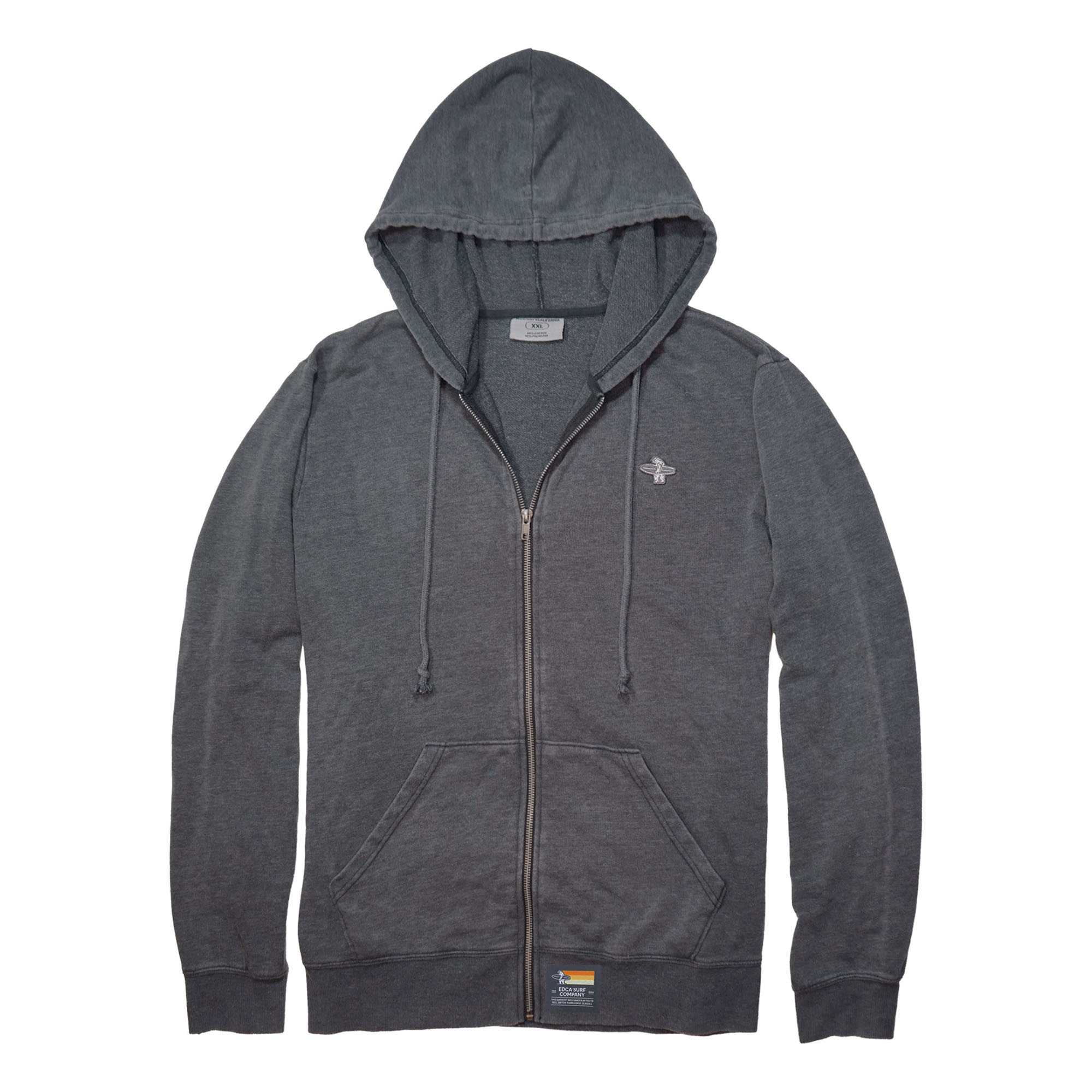 A gray zip-up hoodie with a hood, front pocket, and embroidered emblem on the chest.