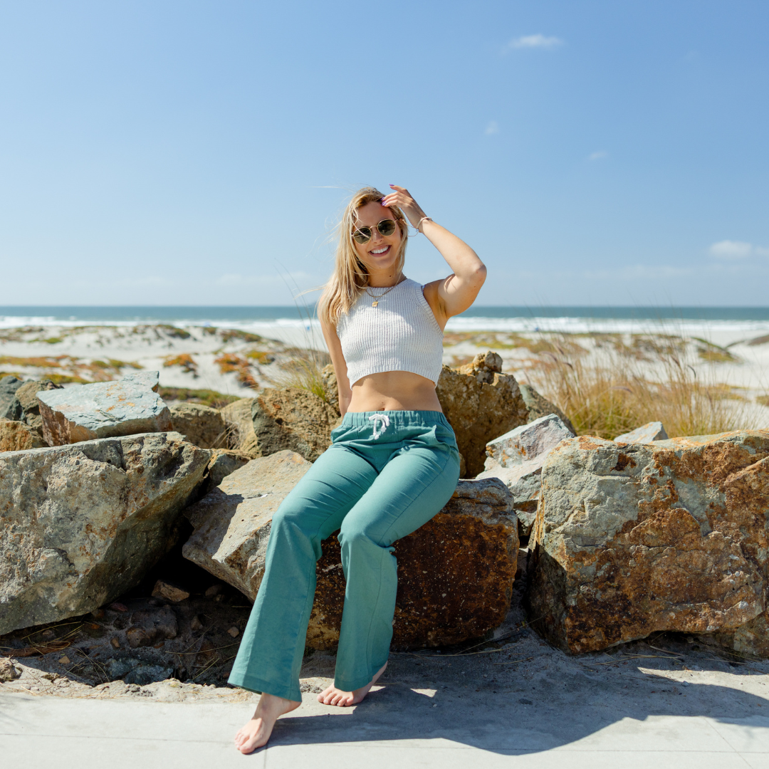 Everyday California Nora Beach Pants on Kate in Green