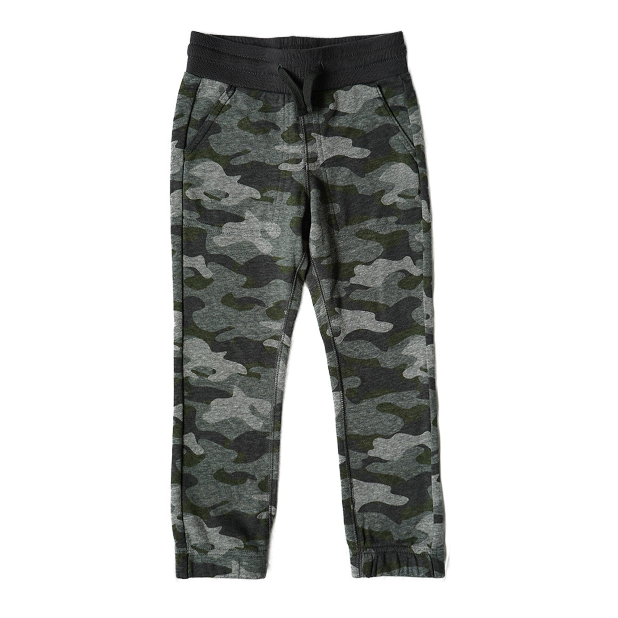Camouflage pants with black waistband on a white background
