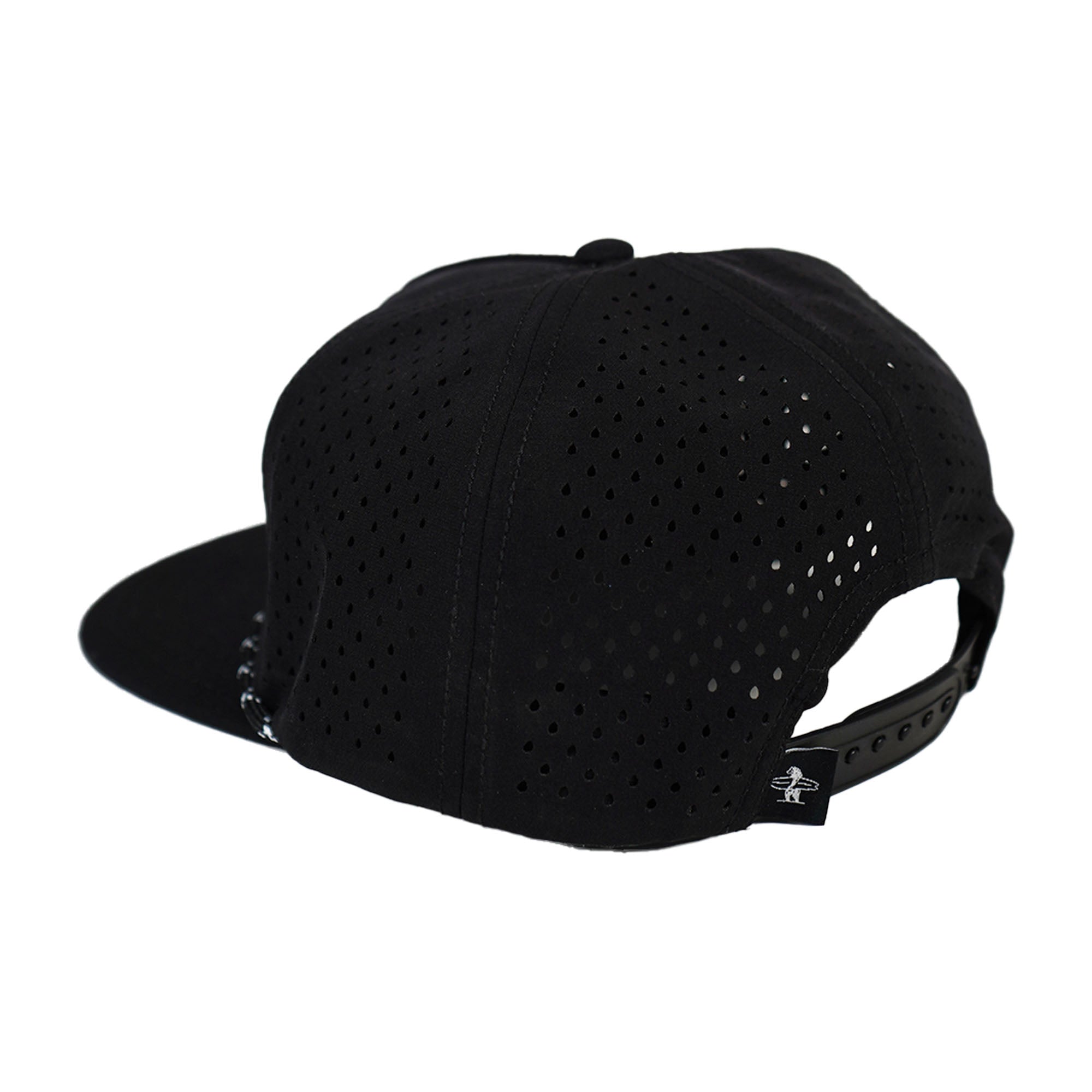 Black cap with perforated design on a white background