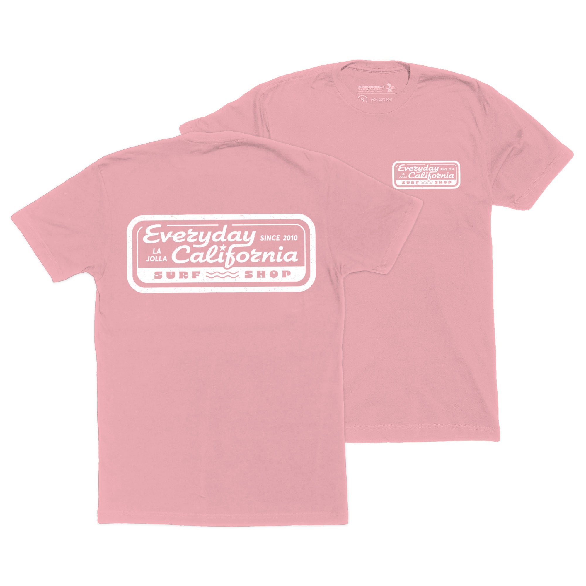 Front and back view of Pink Everyday California surf shop t-shirt
