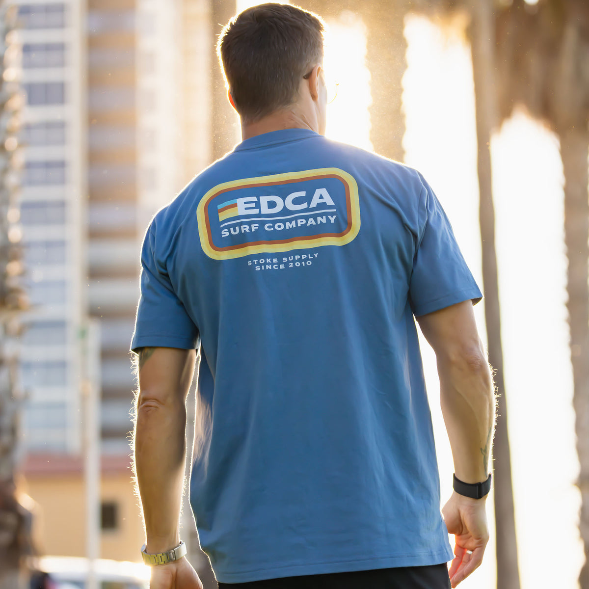 Back view of male model wearing Everyday California Ranger t-shirt