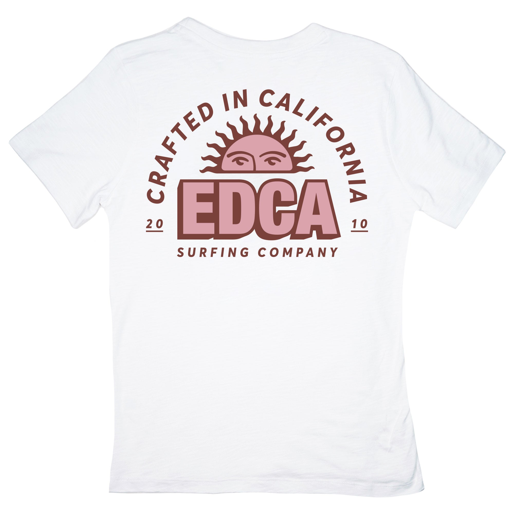 White t-shirt with pink 'EDCA' logo and text on a white background