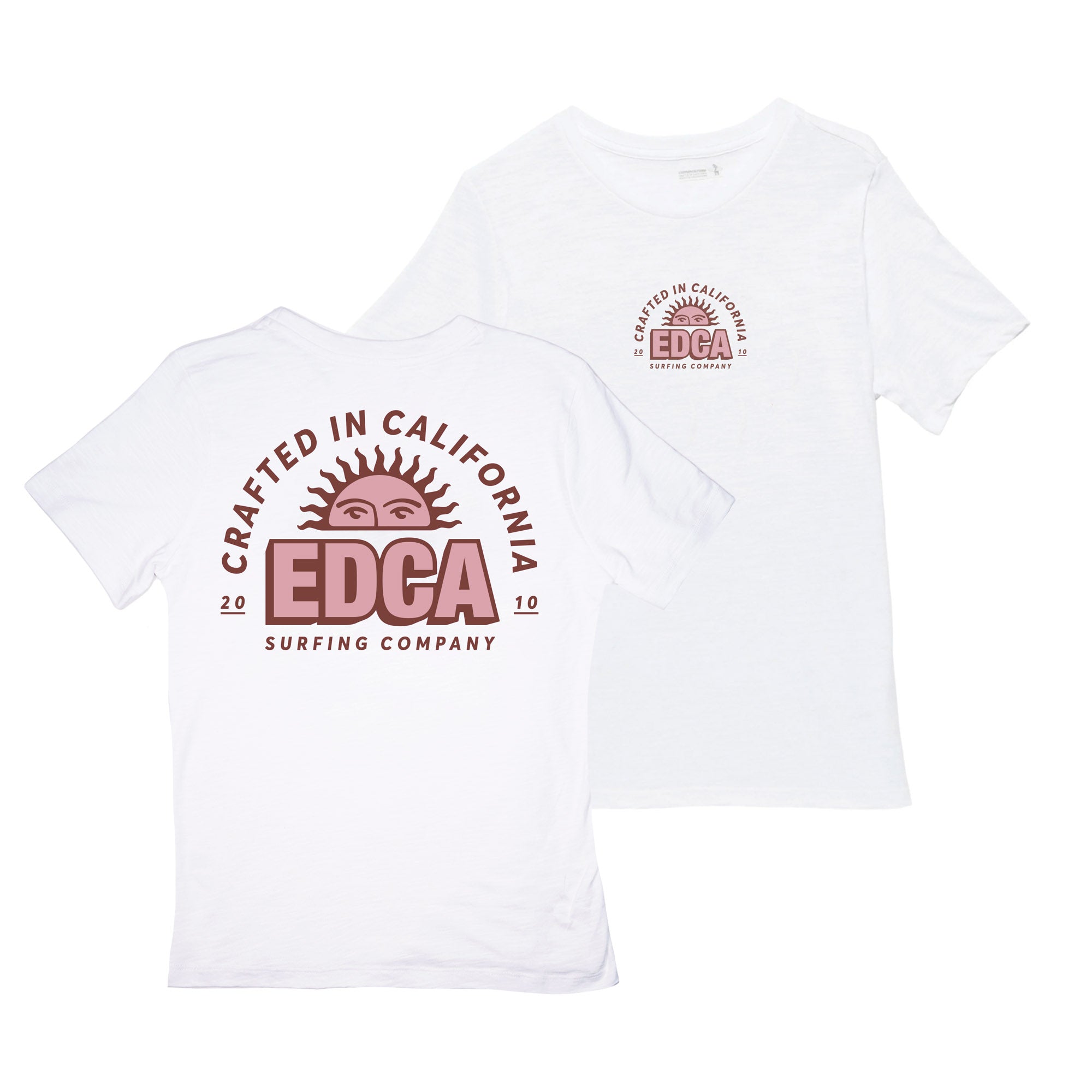 White t-shirt with 'Crafted in California EDCA Surfing Company' logo on a white background