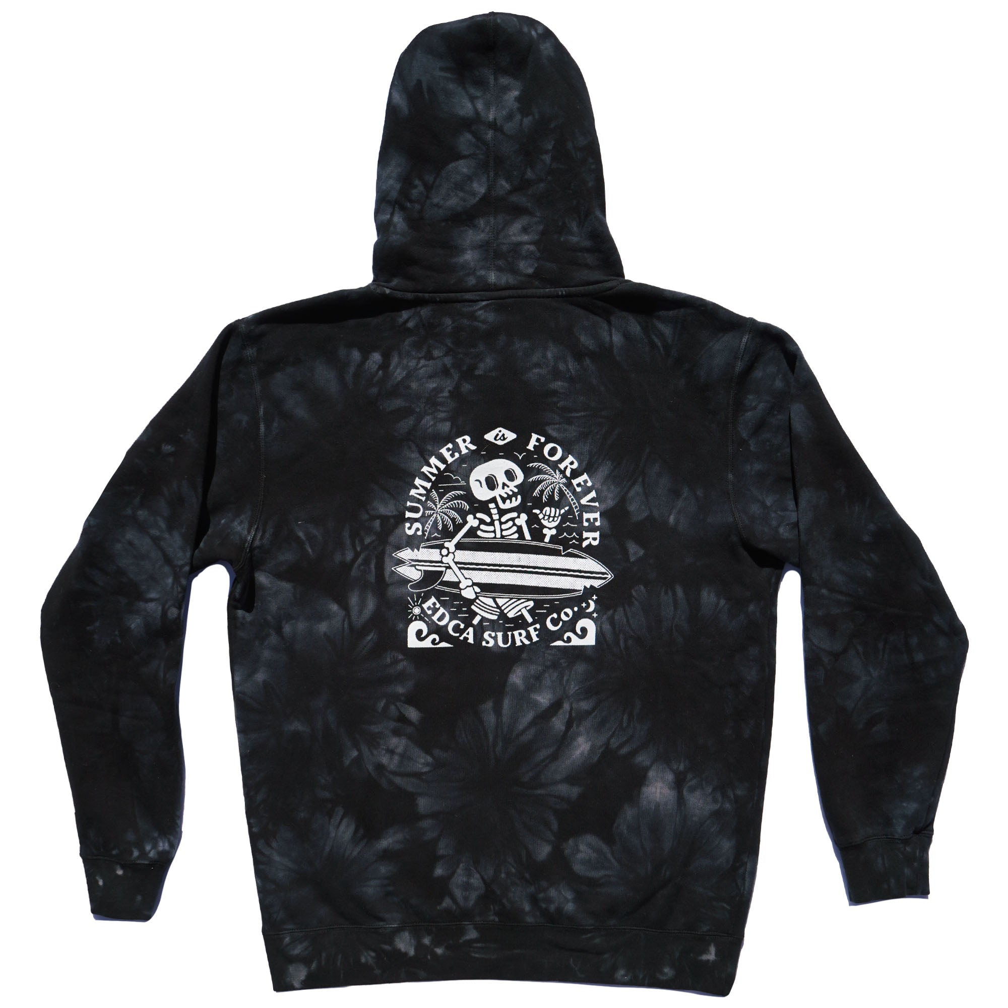 Black and grey tie dye hoodie featuring a screen printed white logo of a skeleton holding a surfboard with words 'EDCA SURF CO.' beneath it and 'SUMMER IS FOREVER' above it.