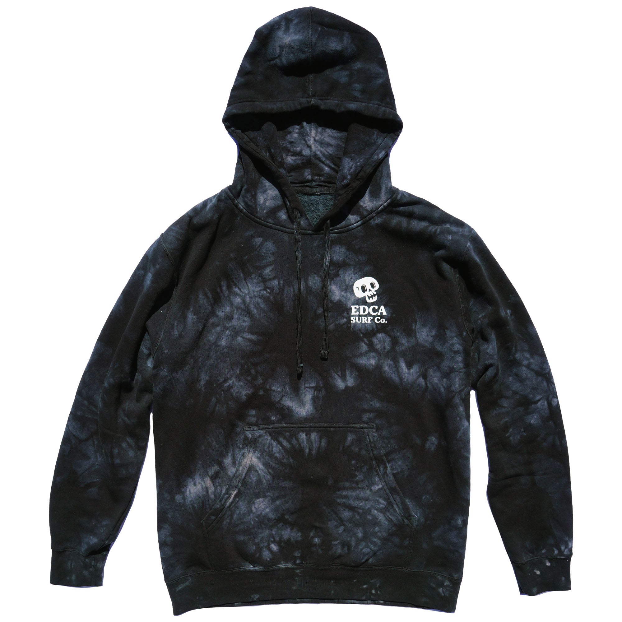 Black and grey tie dye hoodie featuring a screen printed white logo of a skull with words 'EDCA SURF CO.' beneath it.