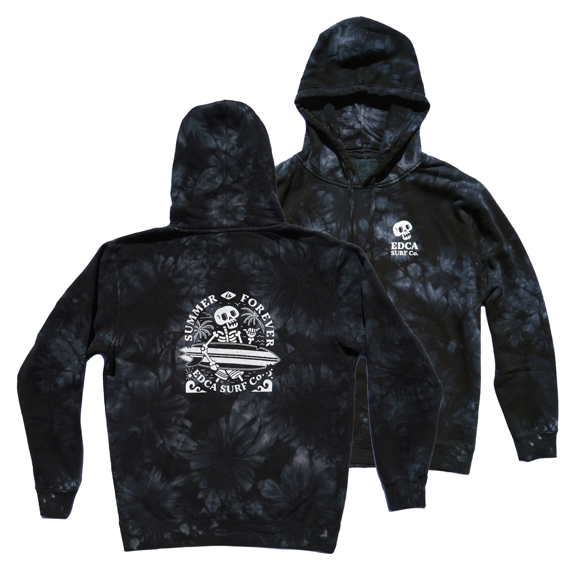A black tie-dye hoodie with 'Summer is Forever' text and skeleton surfer imagery on the front, along with a skull logo and additional artwork on the back.