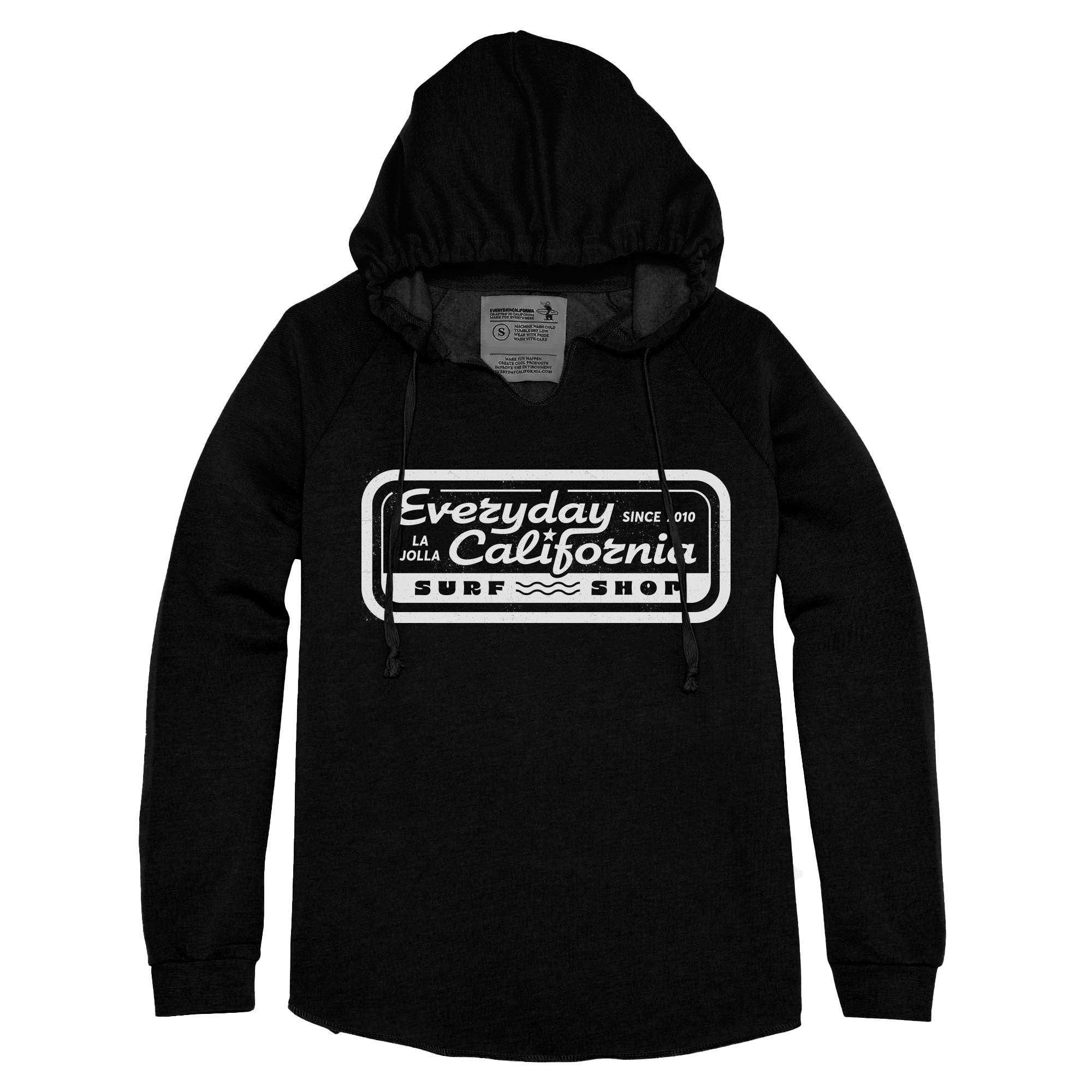 Black Everyday California hoodie featuring a white logo that says "Everyday California surf shop" on the front