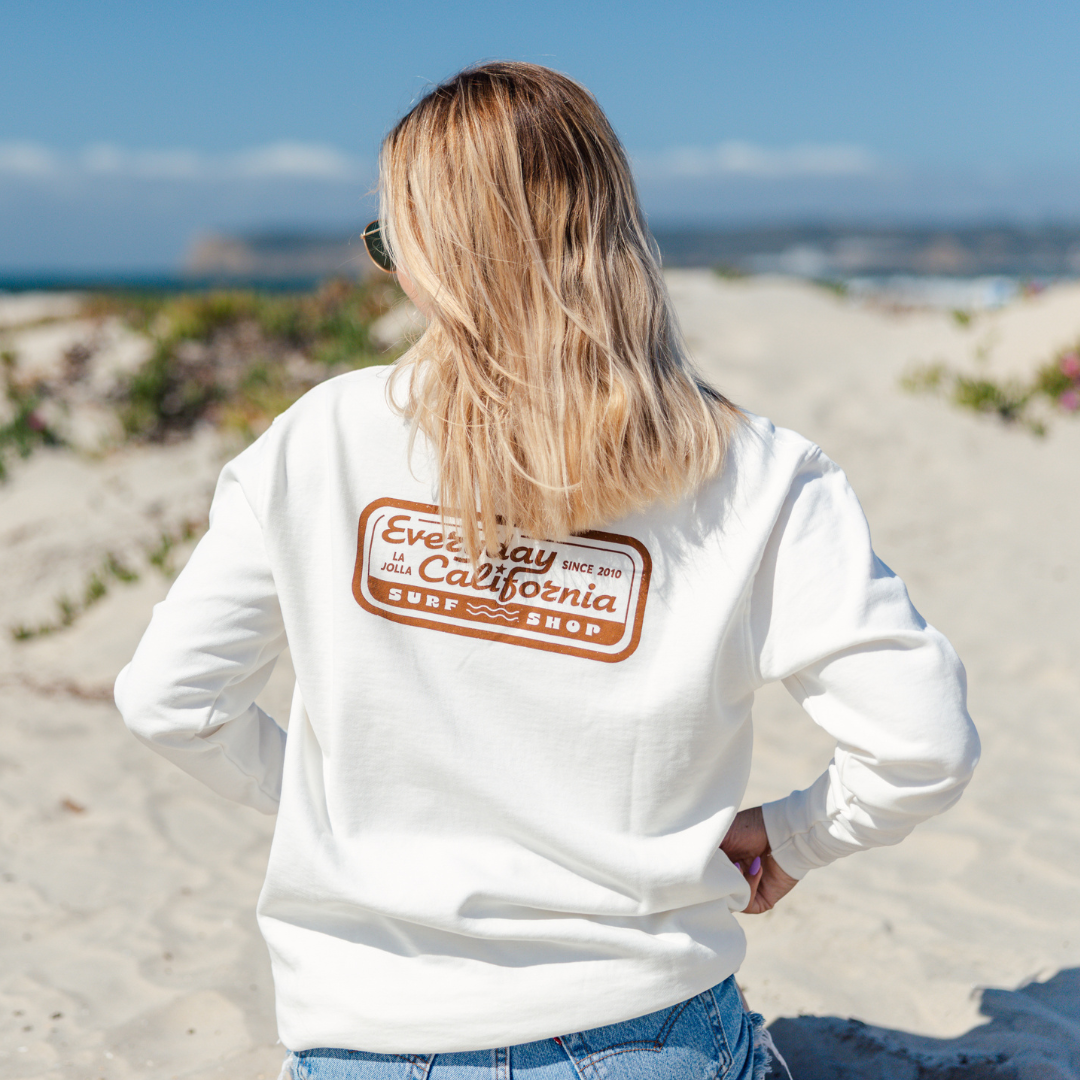 Everyday California Surf Shop Crewneck on Kate in Coronado Island in San Diego, California