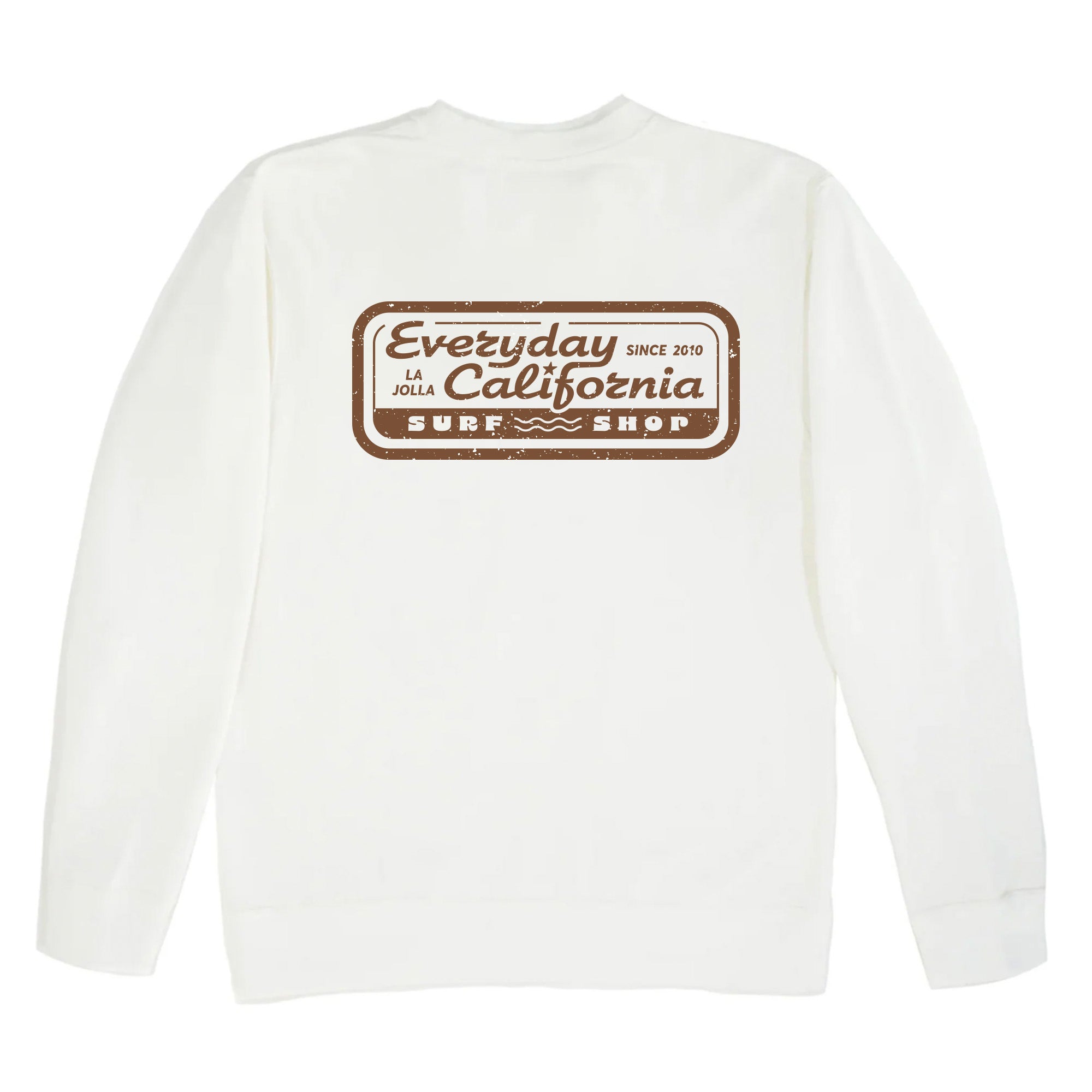 White Surf Shop Crewneck, Backside image. Large stylized logo in the middle with "Everyday California Surf Shop, La Jolla, Since 2010" written on it.