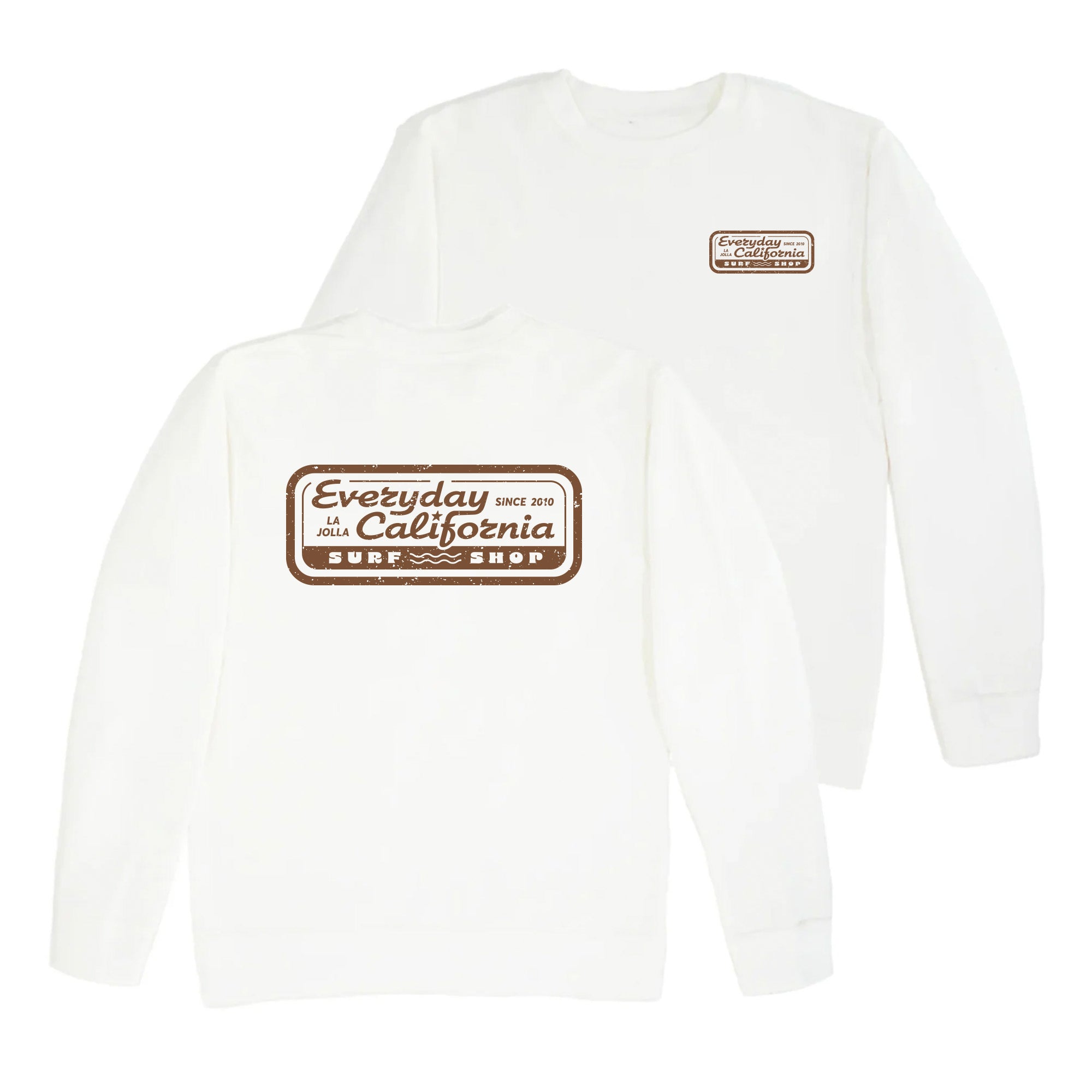 White Surf Shop Crewneck, backside and front side pictured. Backside with large logo in the middle and frontside with smaller logo on the top left.