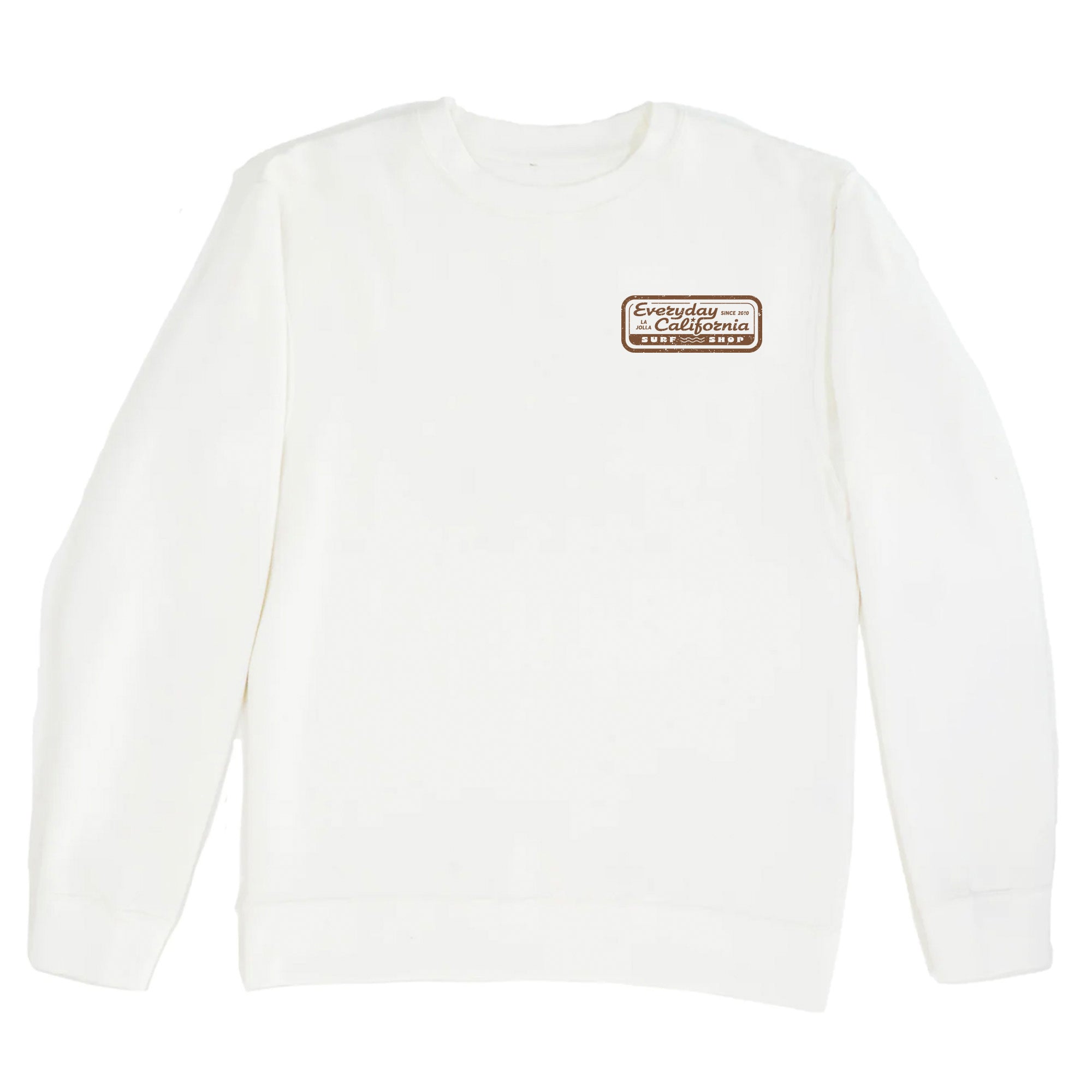 White Surf Shop Crewneck, Frontside image. Small Stylized logo on top right near the sleeve with "Everyday California Surf Shop, La Jolla, Since 2010" written on it.