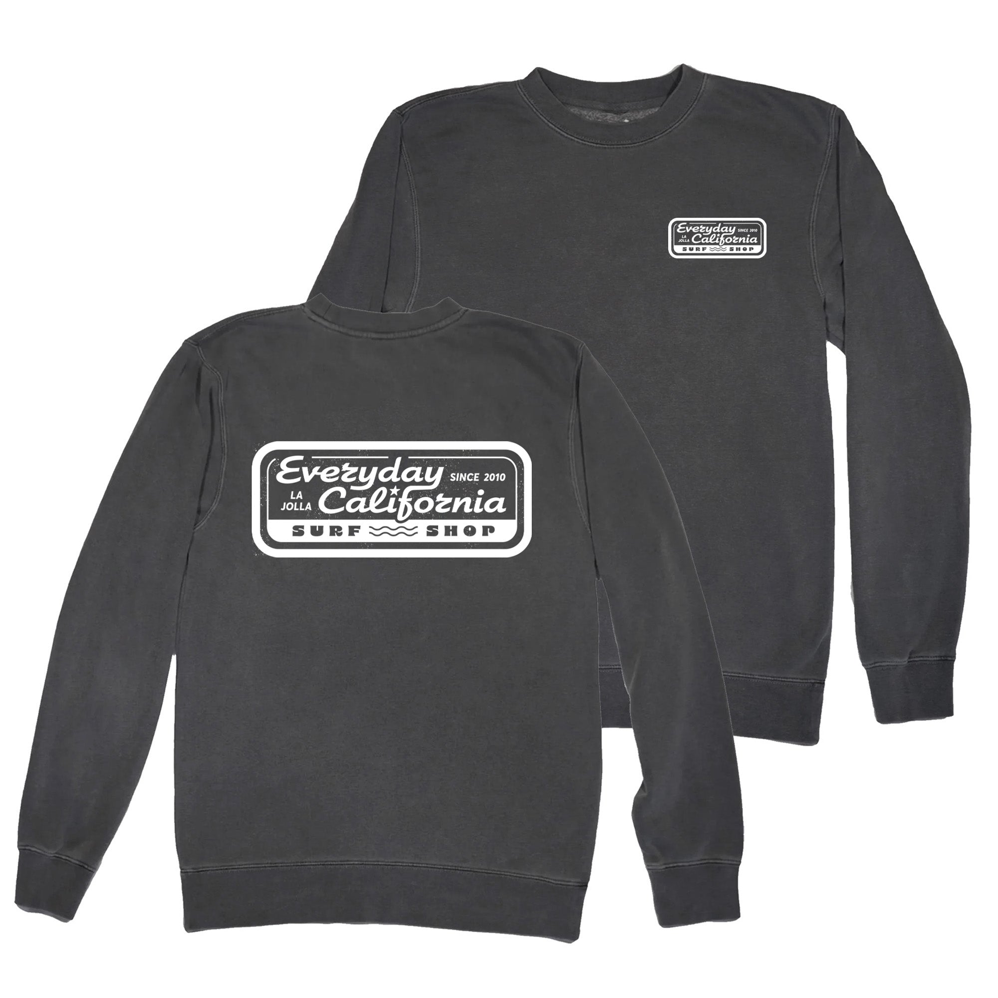 A dark gray Surf Shop Crewneck sweatshirt with a white logo on the upper left chest and the same white logo printed large across the back.