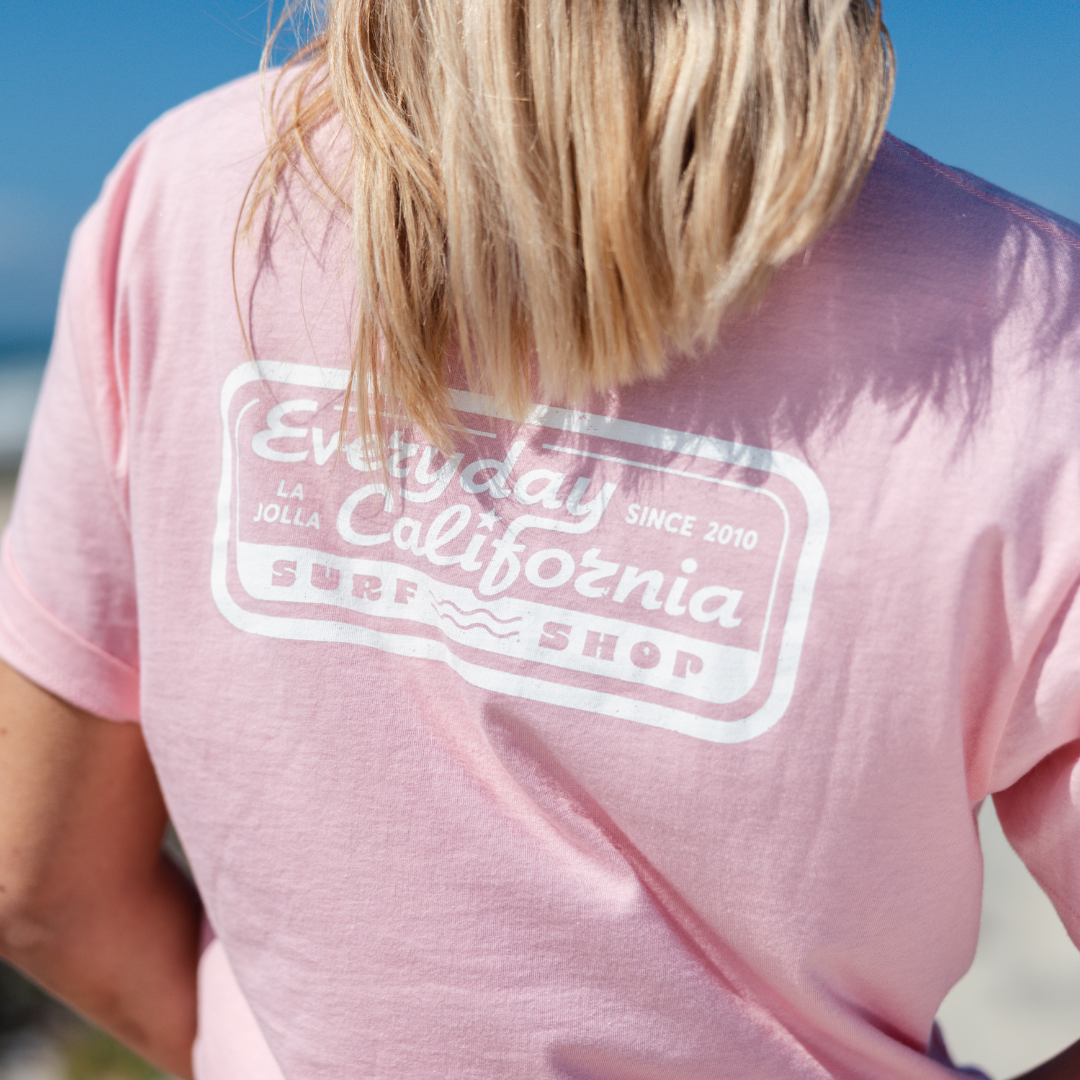 Everyday California Surf Shop Tee in Pink on model Kate