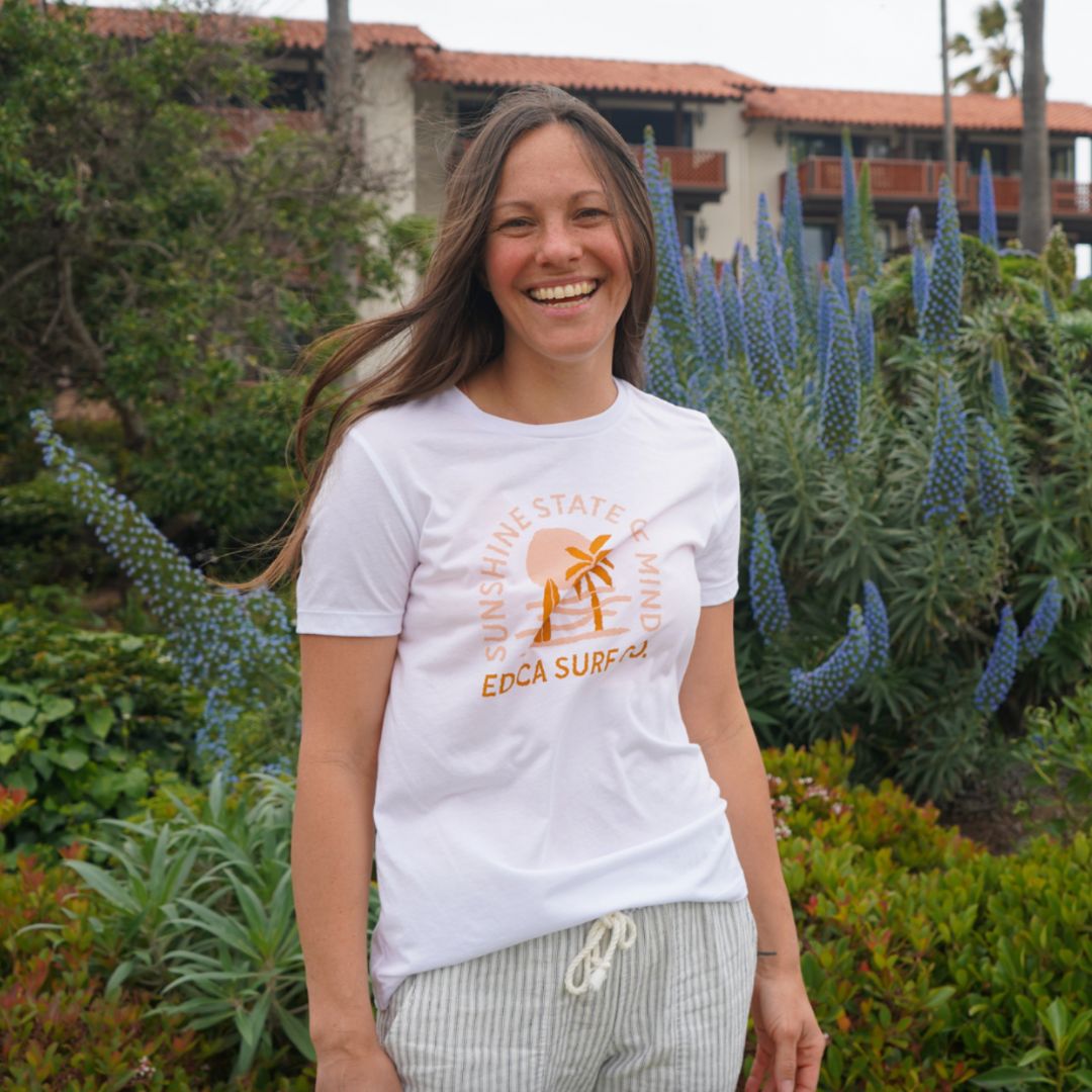 cute California girl in the Beachy winds in her Del Mar tee from everyday California