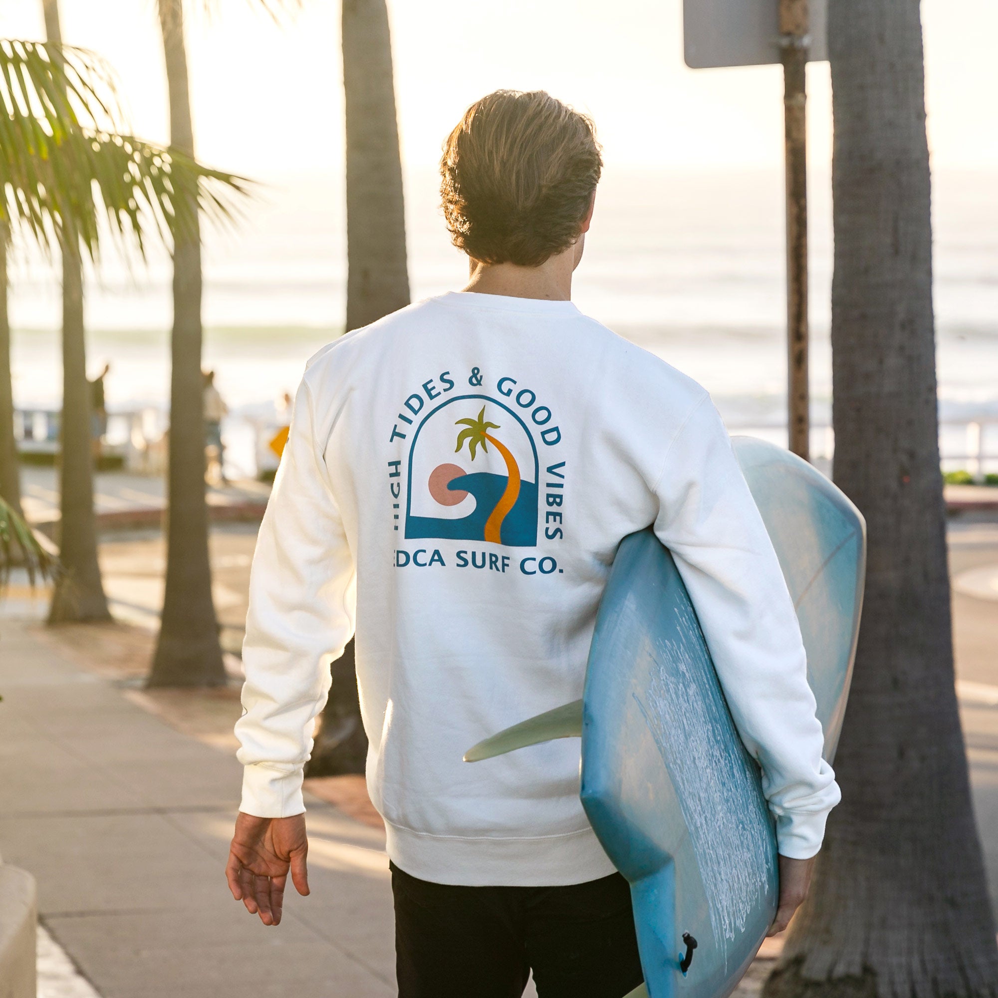 Live Easy Crewneck on model at Windansea Beach